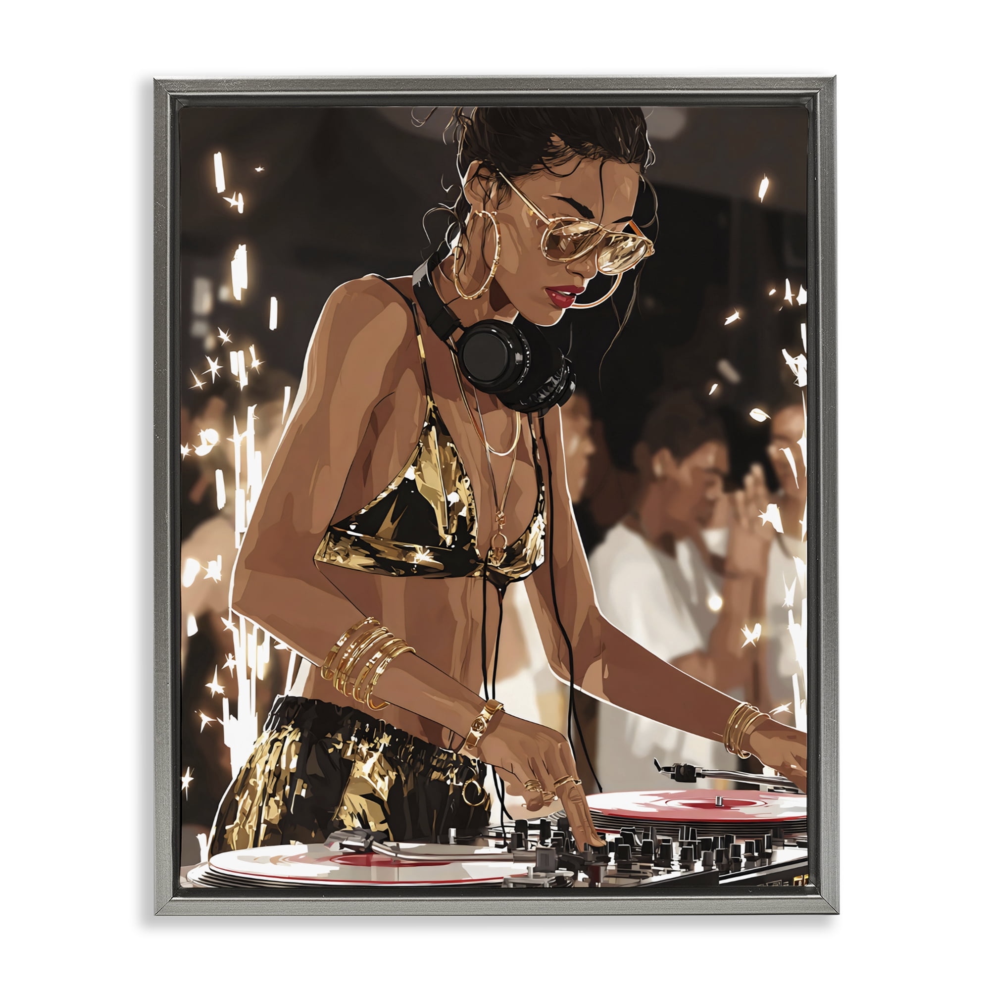 Stupell Industries Party All Night Gilded DJ Gray Framed Floater Canvas Wall Art, design by Franklyn Gregory