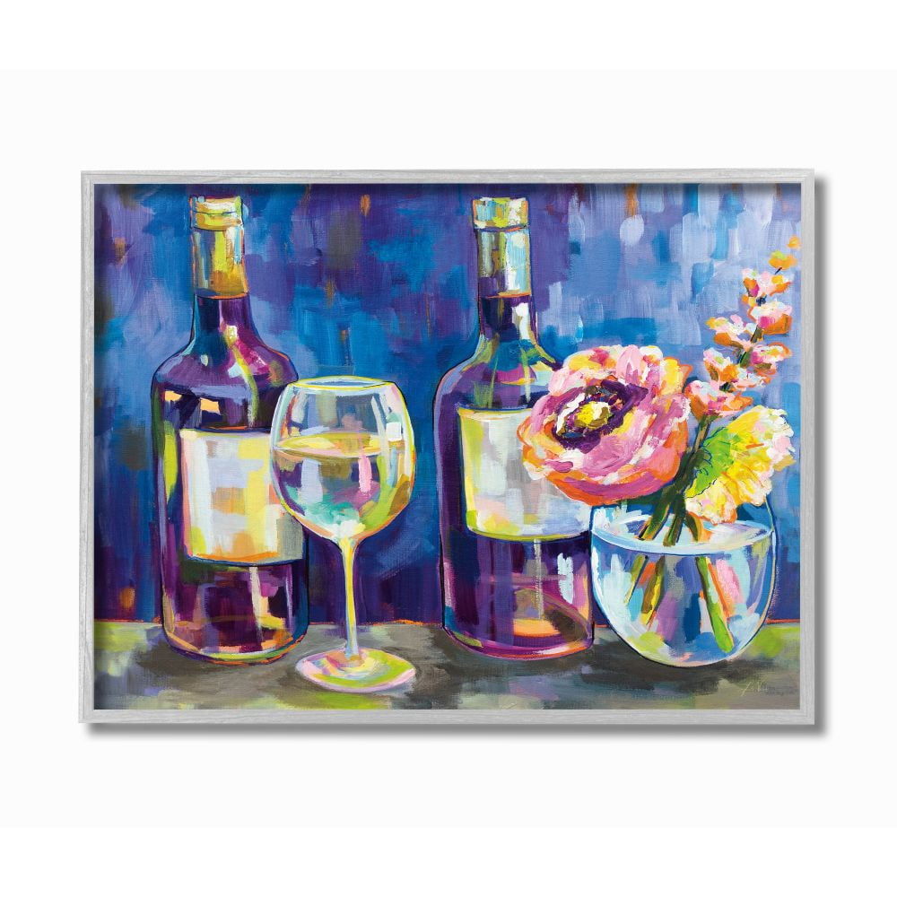 Stupell Industries Party Drinks and Flowers Blue Purple Modern Painting Gray Framed Art Print Wall Art, 16x20, by Jeanette Vertentes