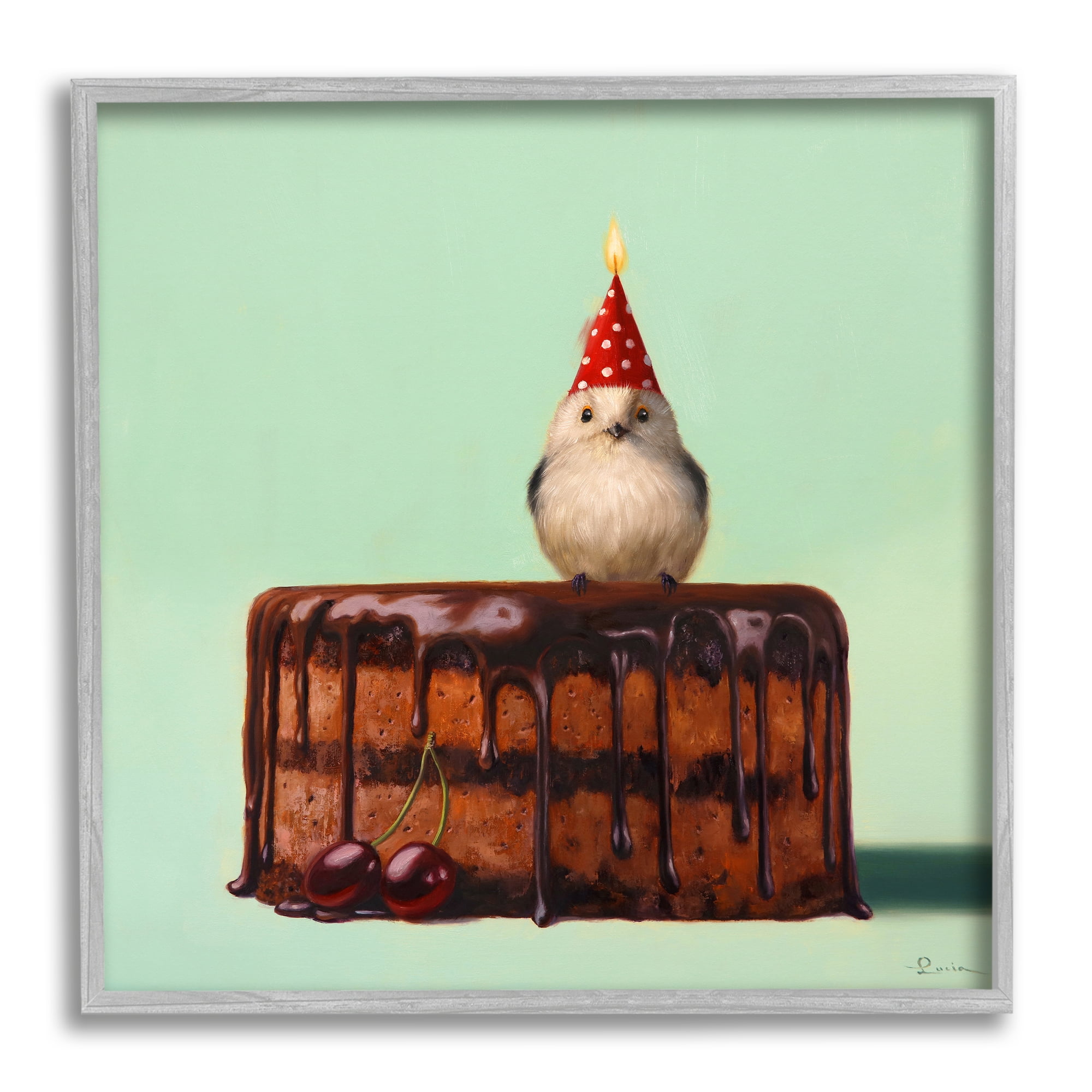 Stupell Industries Party Hat Bird Chocolate Cake Animals & Insects Painting Gray Framed Art Print Wall Art