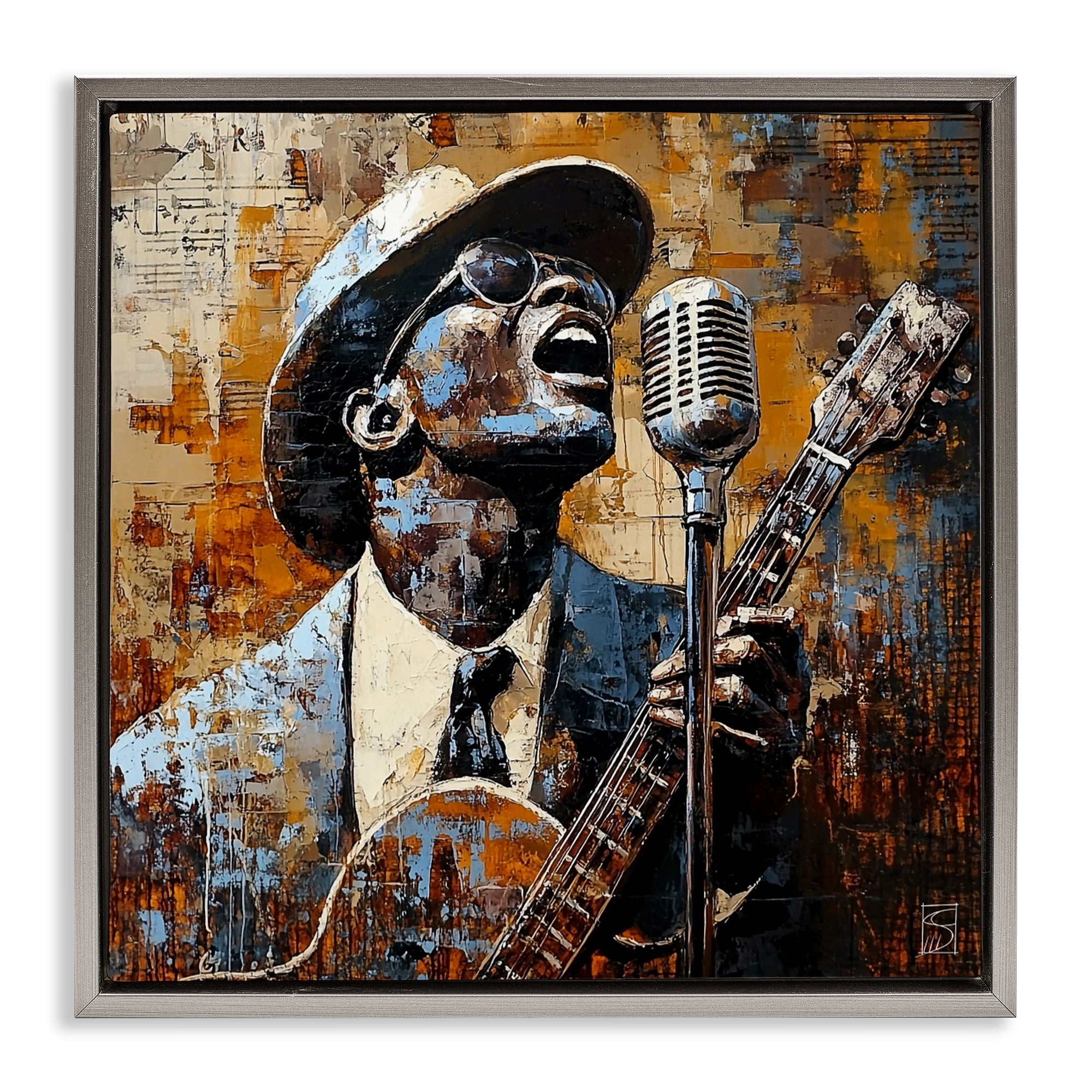 Stupell Industries Passionate Blues Singer Gray Framed Floater Canvas Wall Art, design by Sara Culpepper