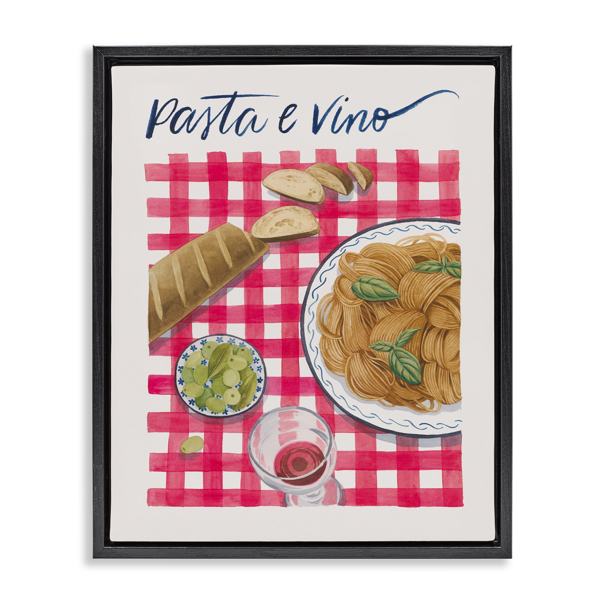 Stupell Industries Pasta & Wine on Tartan Food & Beverage Painting Black Floater Framed Canvas Art Print Wall Art, 17 x 21