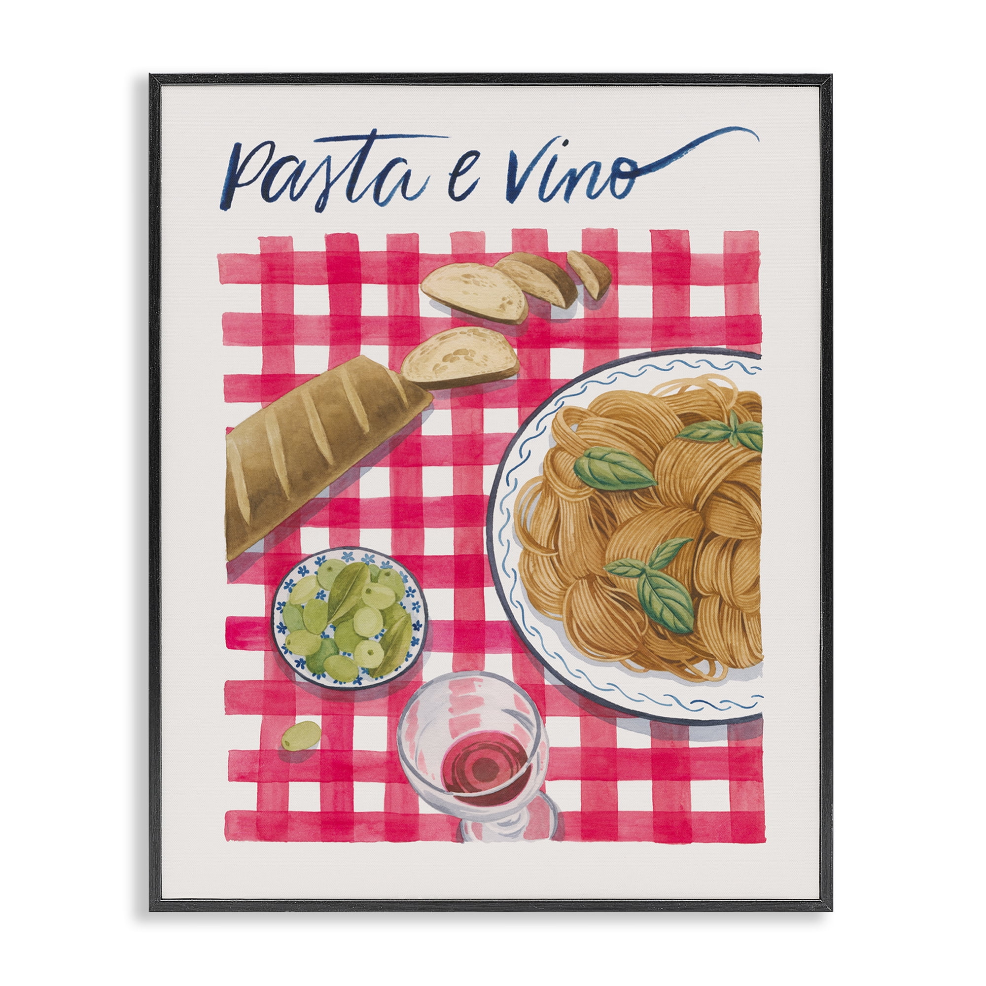 Stupell Industries Pasta & Wine on Tartan Food & Beverage Painting Black Framed Art Print Wall Art, 16 x 20
