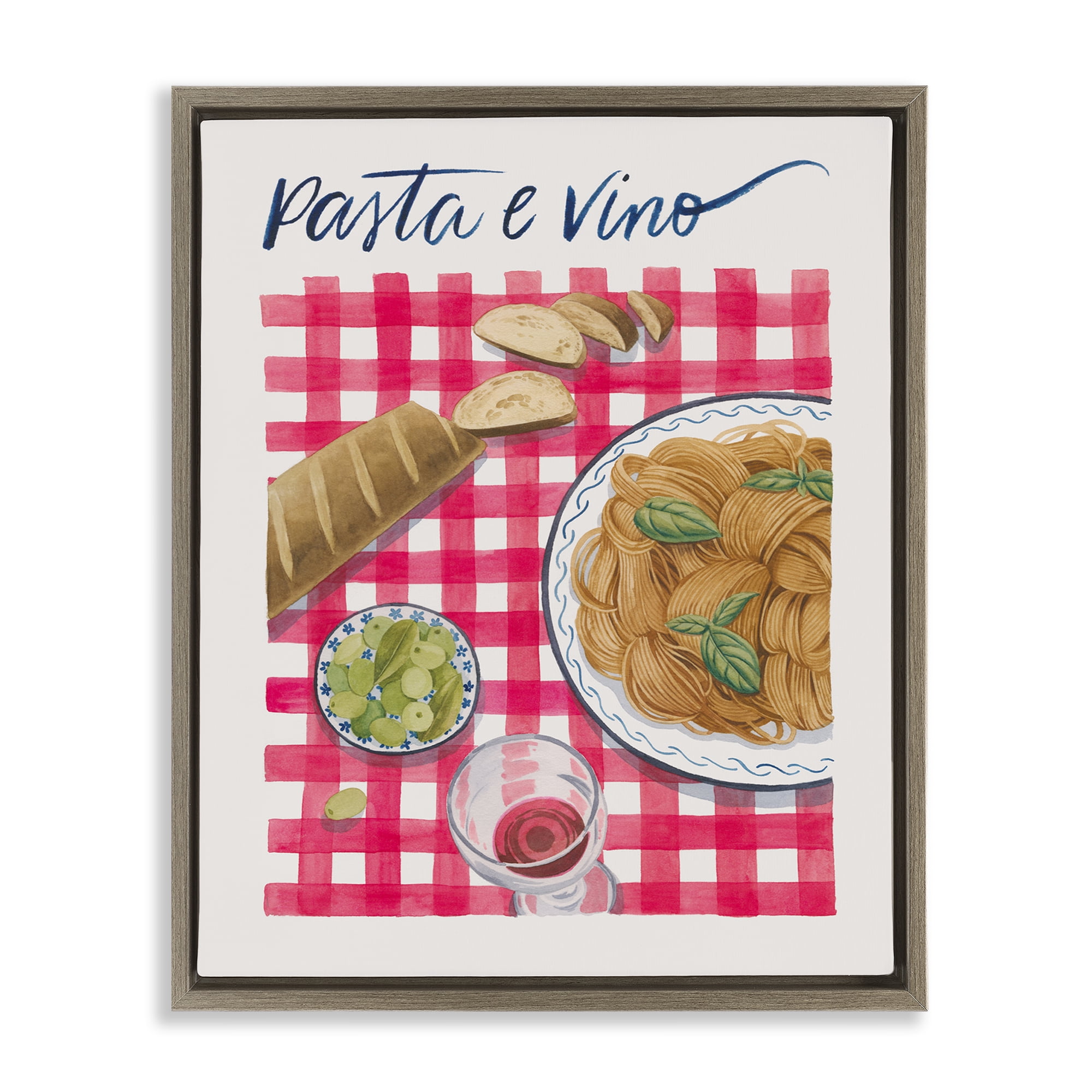 Stupell Industries Pasta & Wine on Tartan Food & Beverage Painting Brown Floater Framed Canvas Art Print Wall Art, 25 x 31