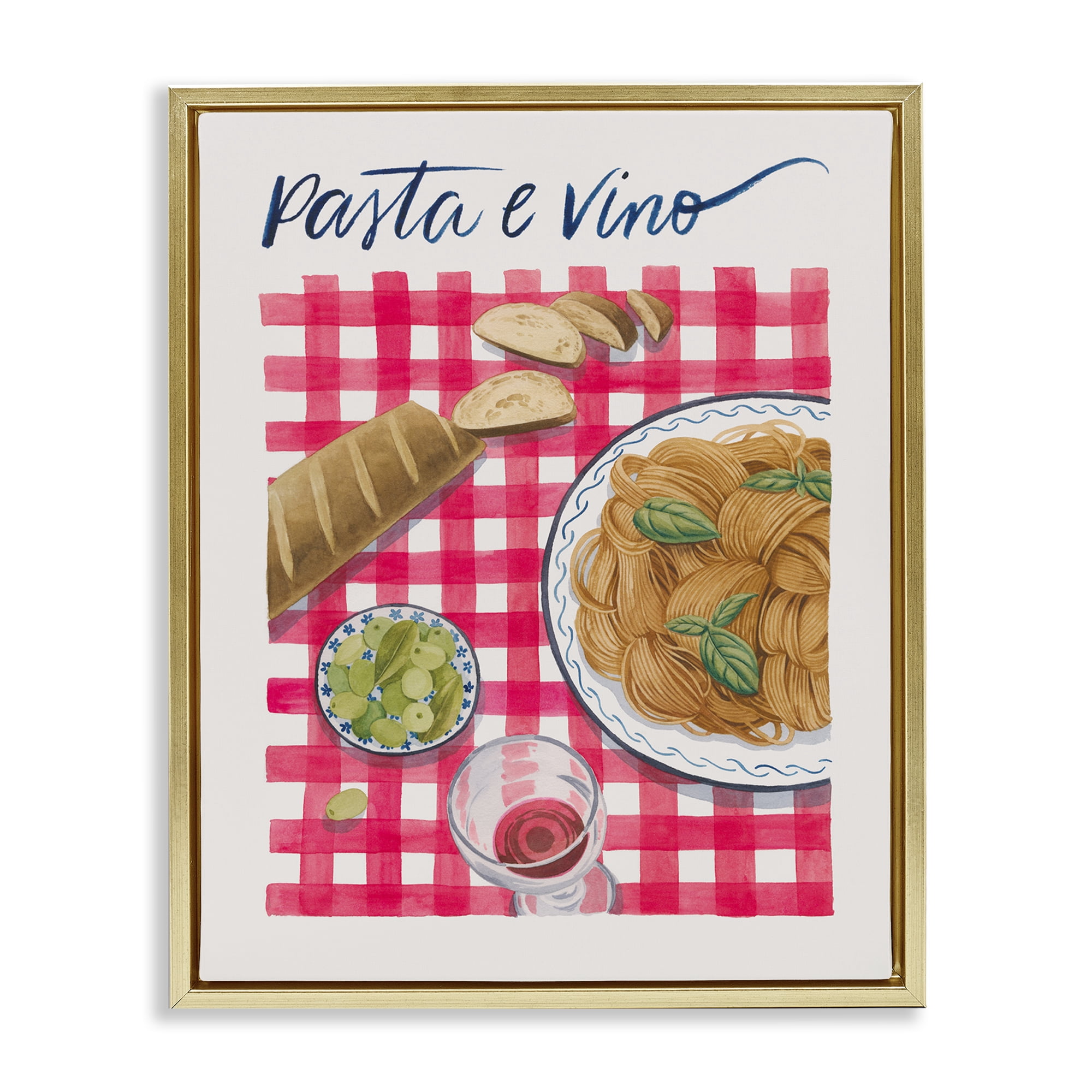 Stupell Industries Pasta & Wine on Tartan Food & Beverage Painting Gold Floater Framed Canvas Art Print Wall Art, 25 x 31