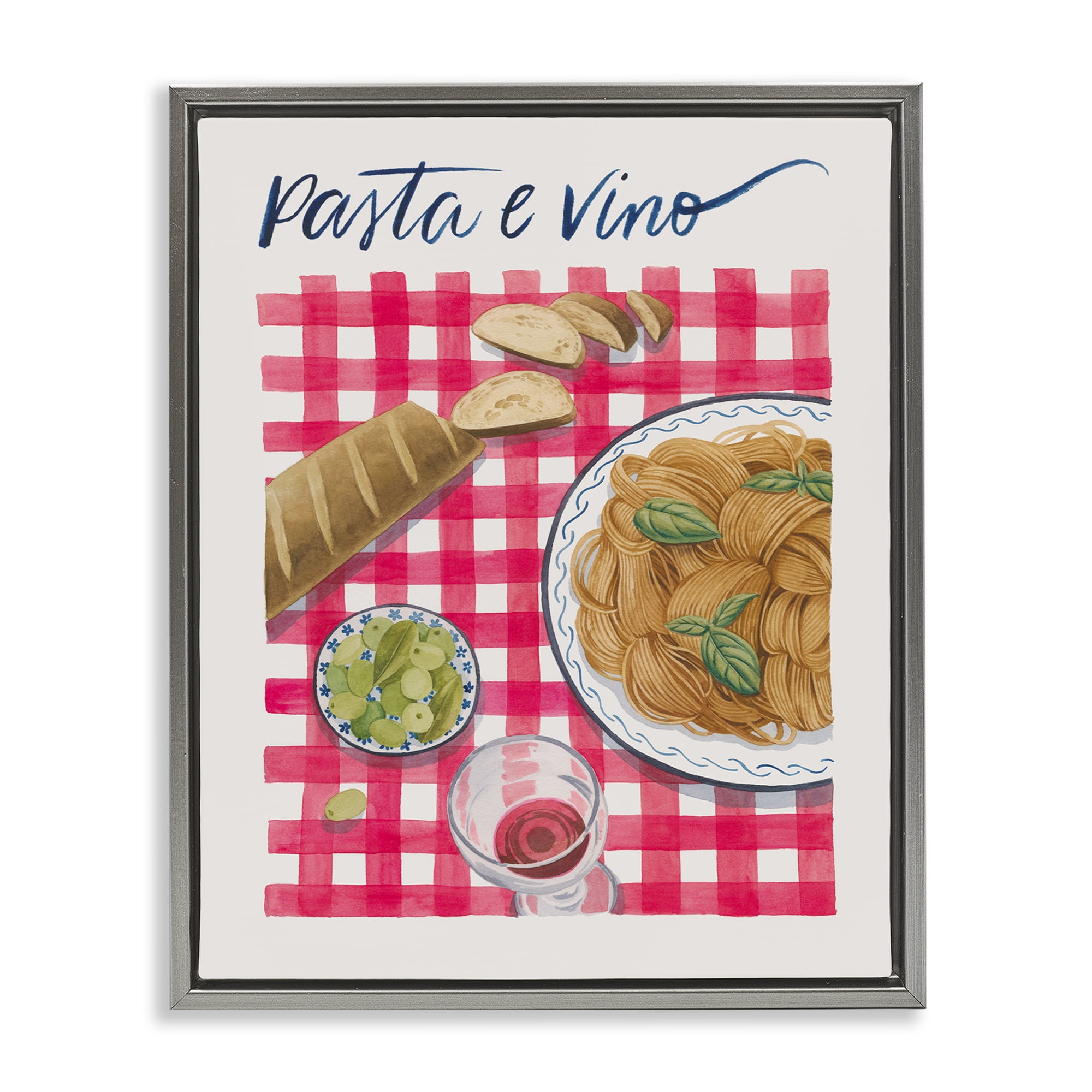 Stupell Industries Pasta & Wine on Tartan Food & Beverage Painting Gray Floater Framed Canvas Art Print Wall Art, 17 x 21