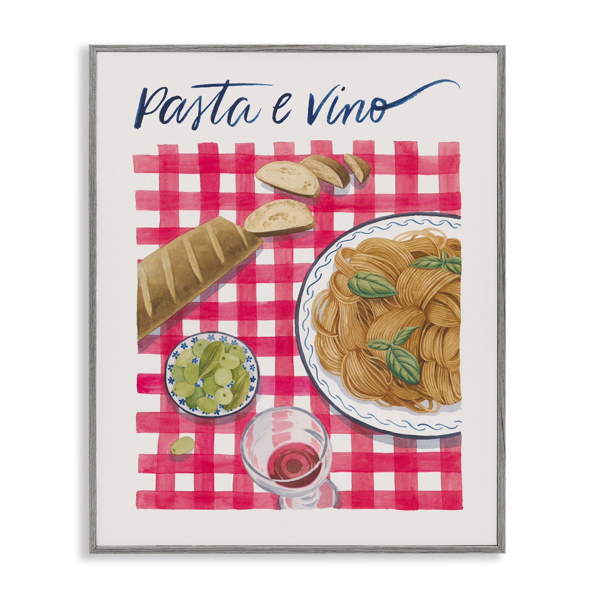 Stupell Industries Pasta & Wine on Tartan Food & Beverage Painting Gray Framed Art Print Wall Art, 24 x 30