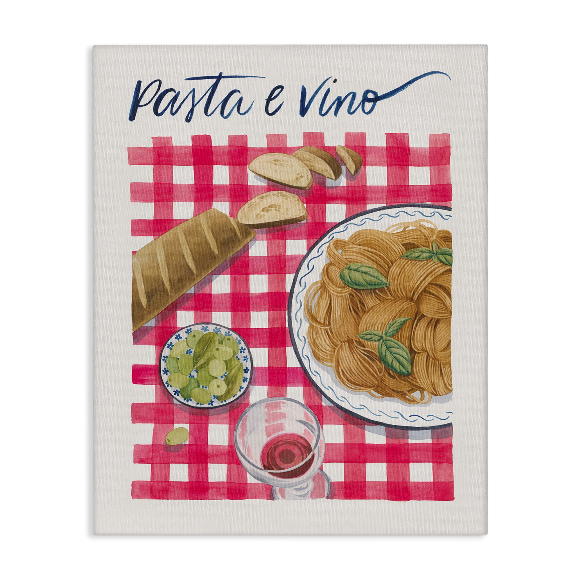 Stupell Industries Pasta & Wine on Tartan Food & Beverage Painting Wrapped Canvas Art Print Wall Art, 16 x 20