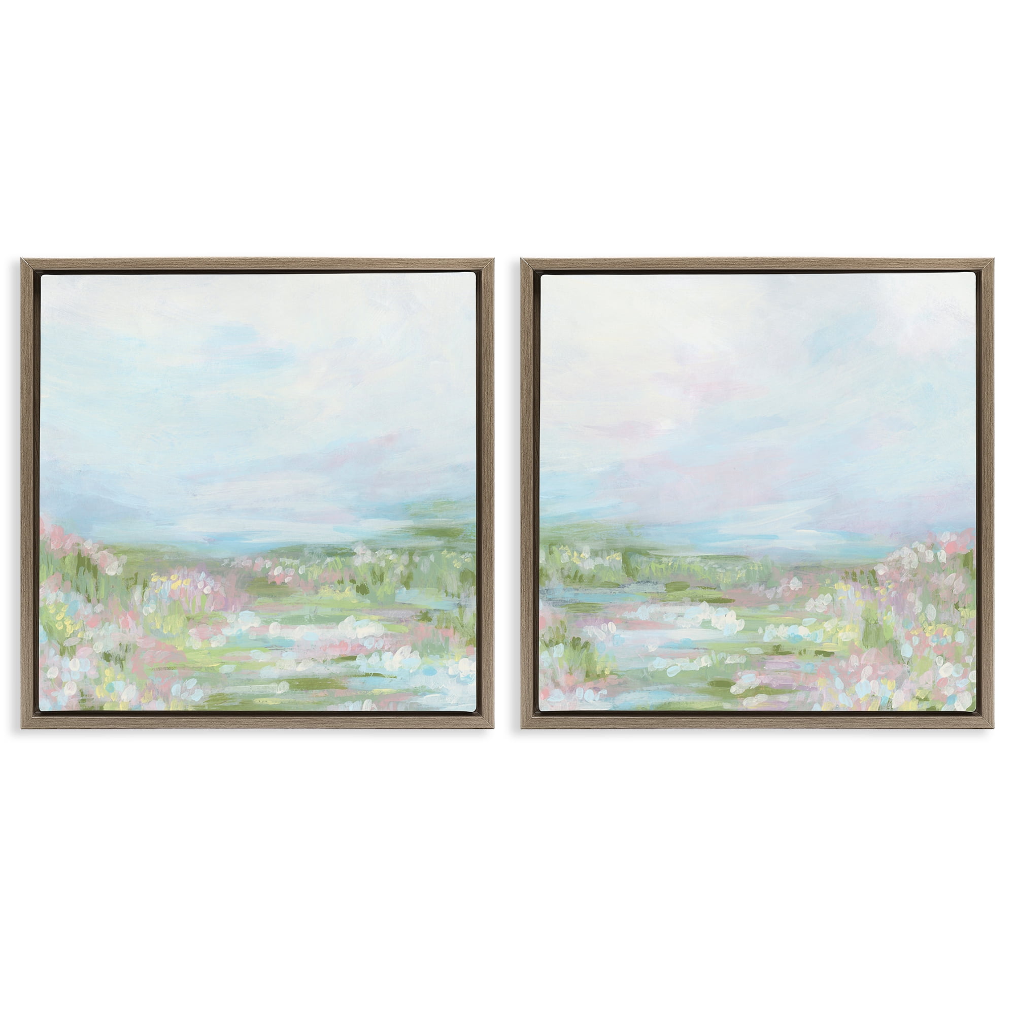 Stupell Industries Pastel Abstract Spring Field Landscape & Nature Painting Brown Floater Framed Canvas Art Print Wall Art, 25 x 25, Set of 2