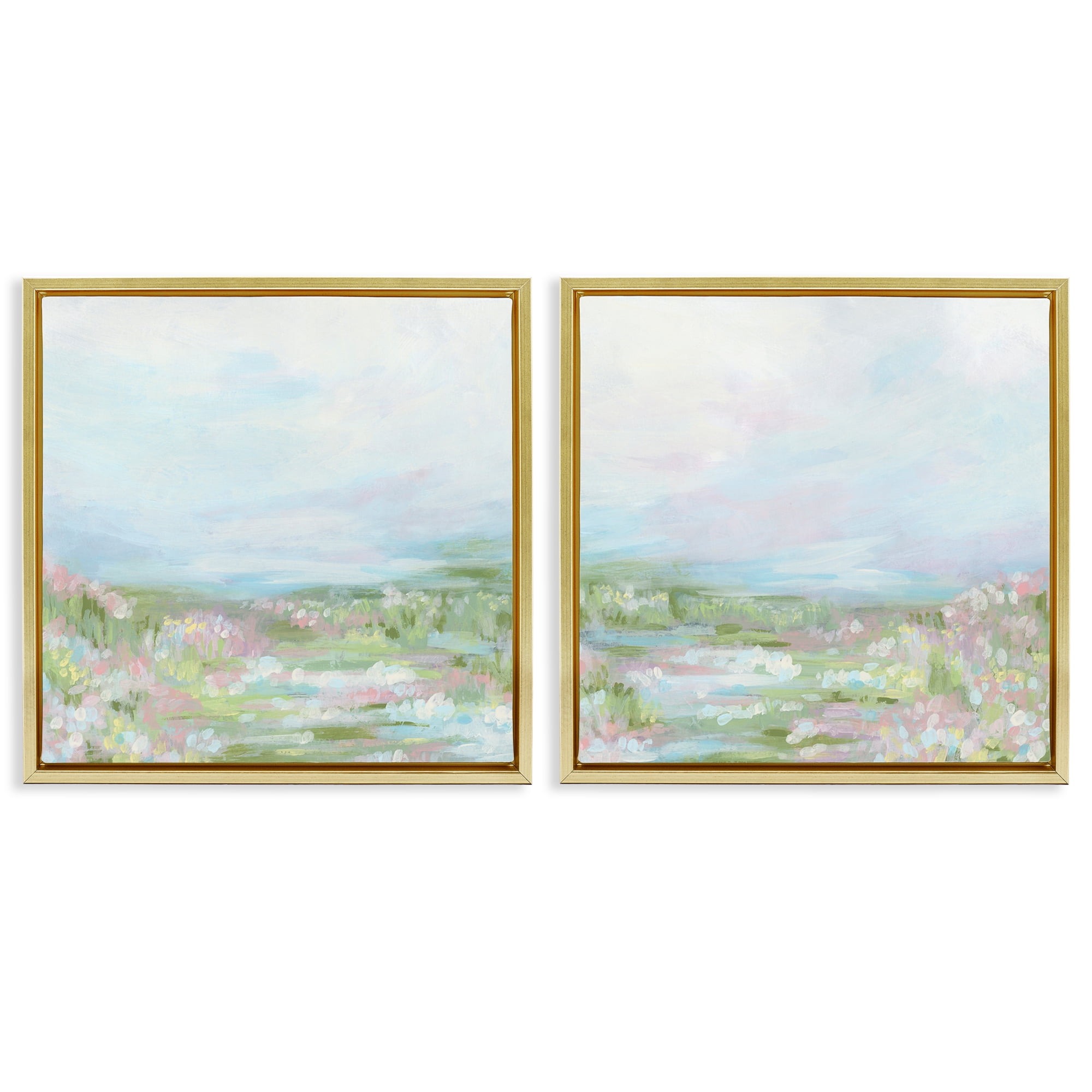 Stupell Industries Pastel Abstract Spring Field Landscape & Nature Painting Gold Floater Framed Canvas Art Print Wall Art, 18 x 18, Set of 2