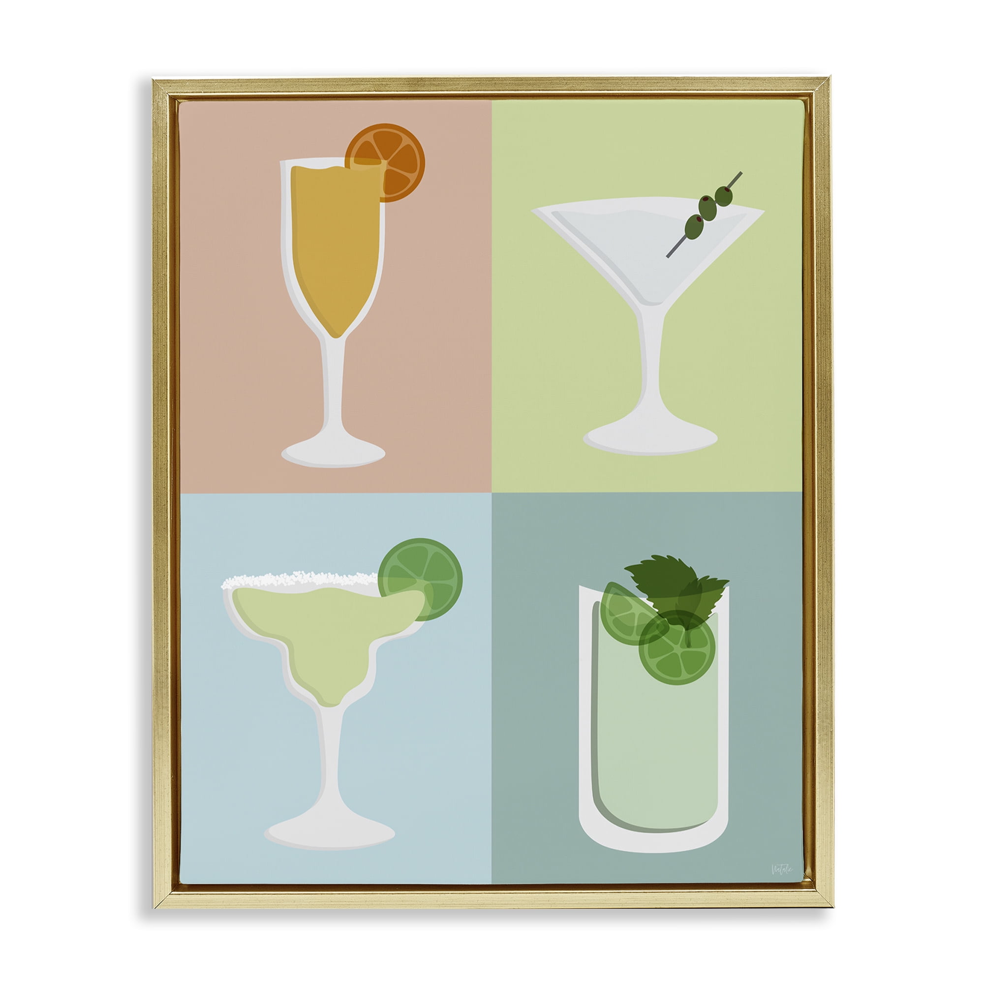 Stupell Industries Pastel Bar Cocktails Food & Beverage Painting Gold Floater Framed Canvas Art Print Wall Art, 17 x 21