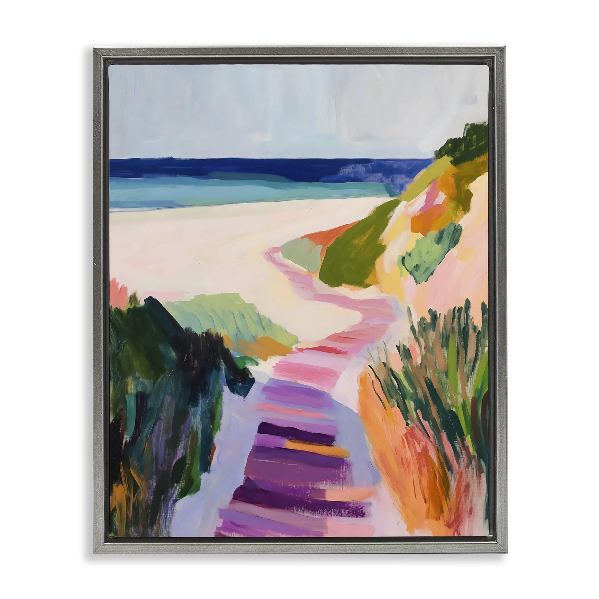 Stupell Industries Pastel Beach Pathway to Shore Gray Framed Floater Canvas Wall Art, design by The Prints Vibe