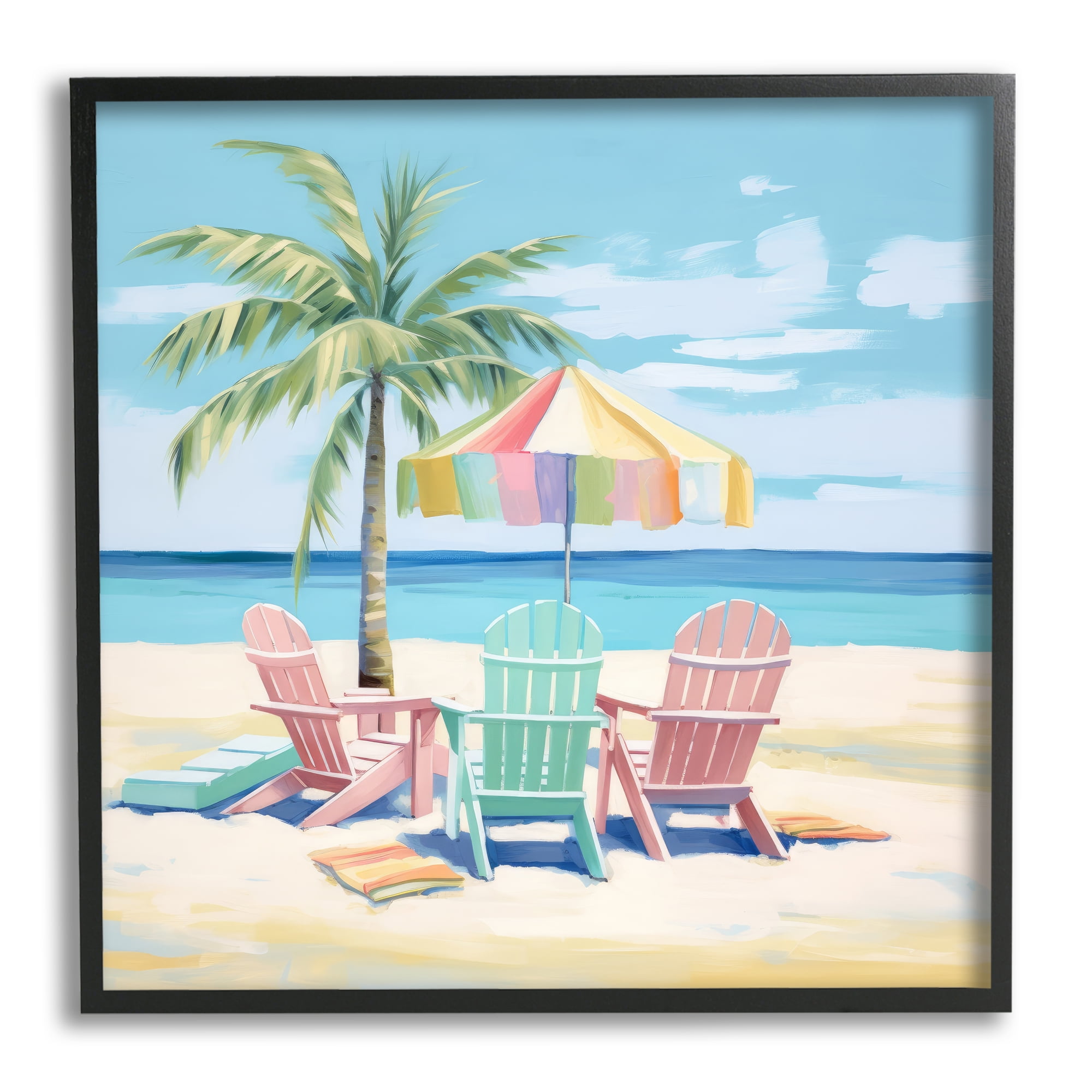 Stupell Industries Pastel Beach Umbrella Scene Landscape Painting Black Framed Art Print Wall Art, 17 x 17