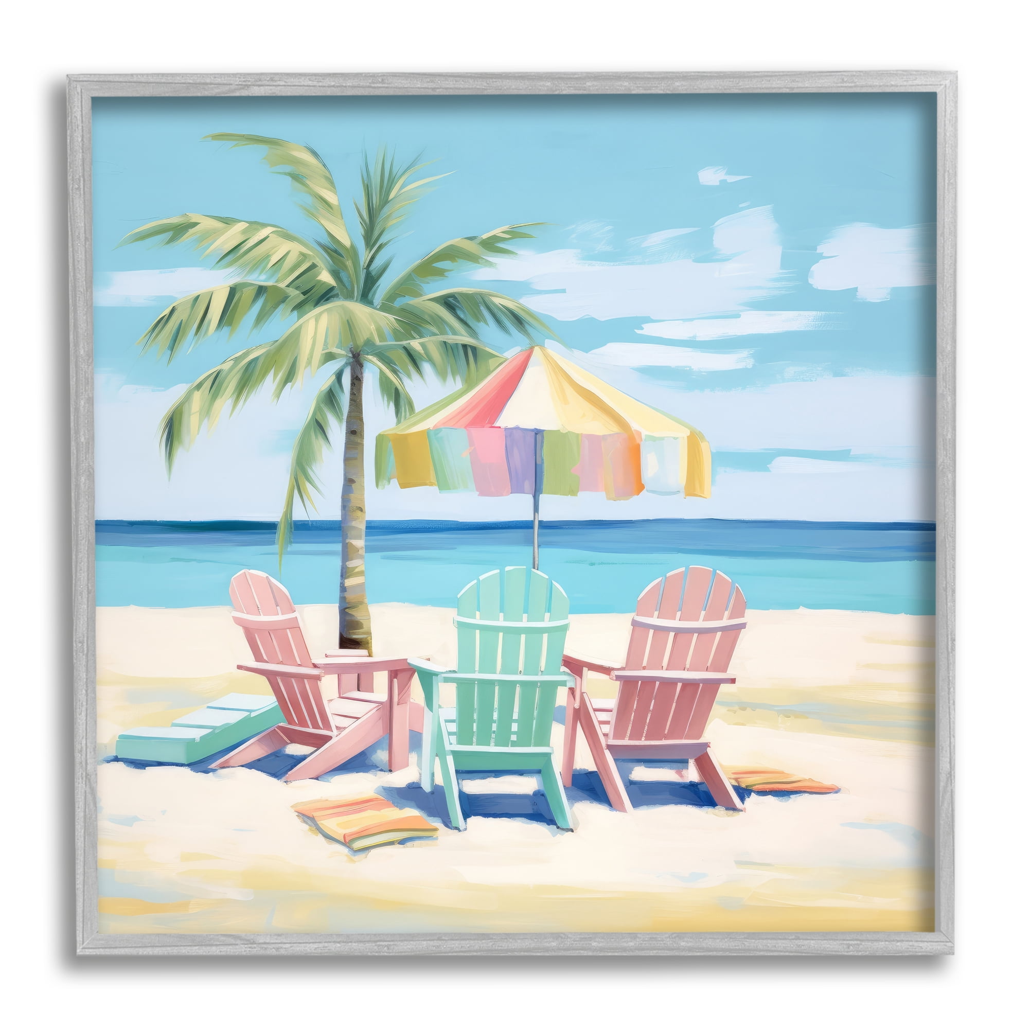 Stupell Industries Pastel Beach Umbrella Scene Landscape Painting Gray Framed Art Print Wall Art, 24 x 24