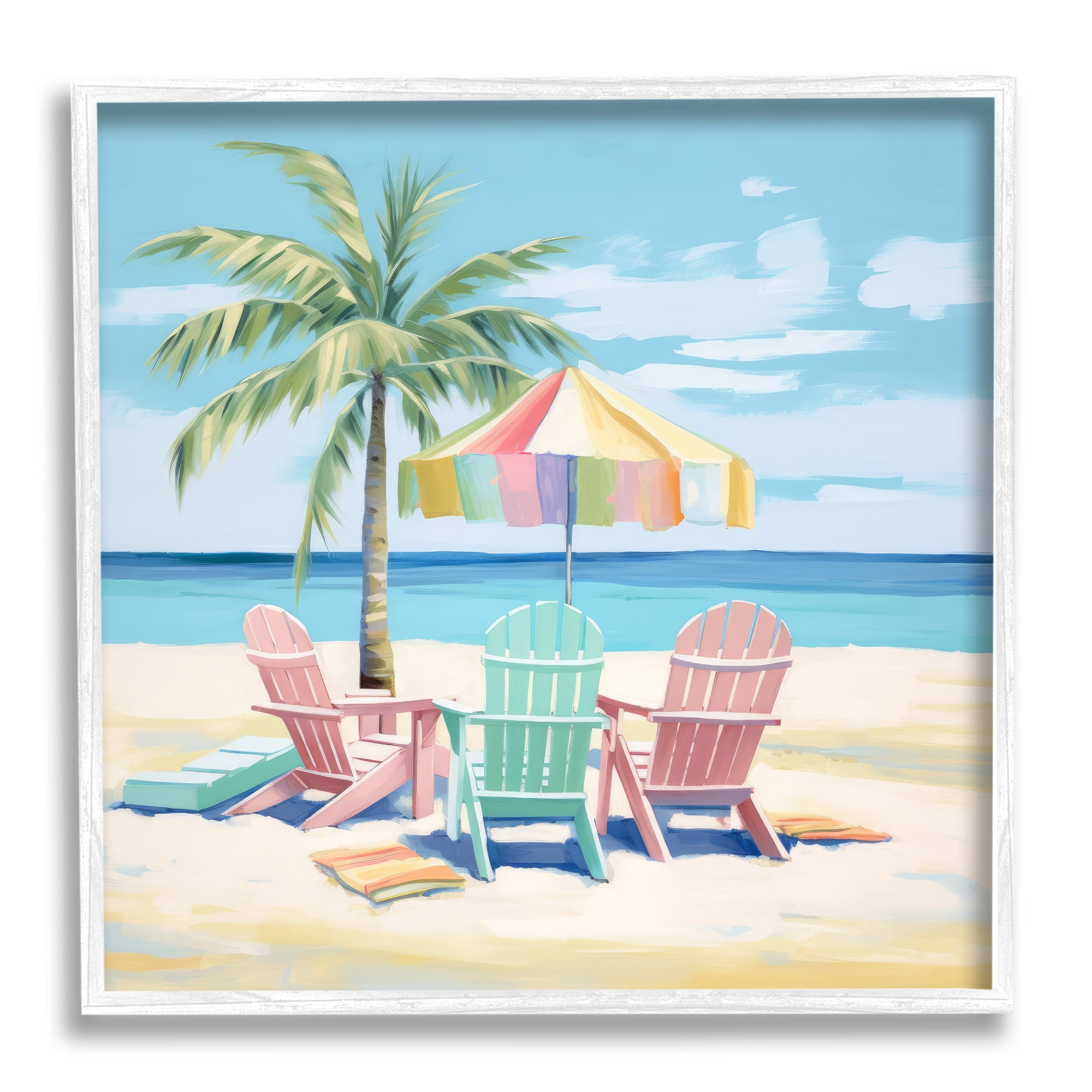 Stupell Industries Pastel Beach Umbrella Scene Landscape Painting White Framed Art Print Wall Art, 17 x 17
