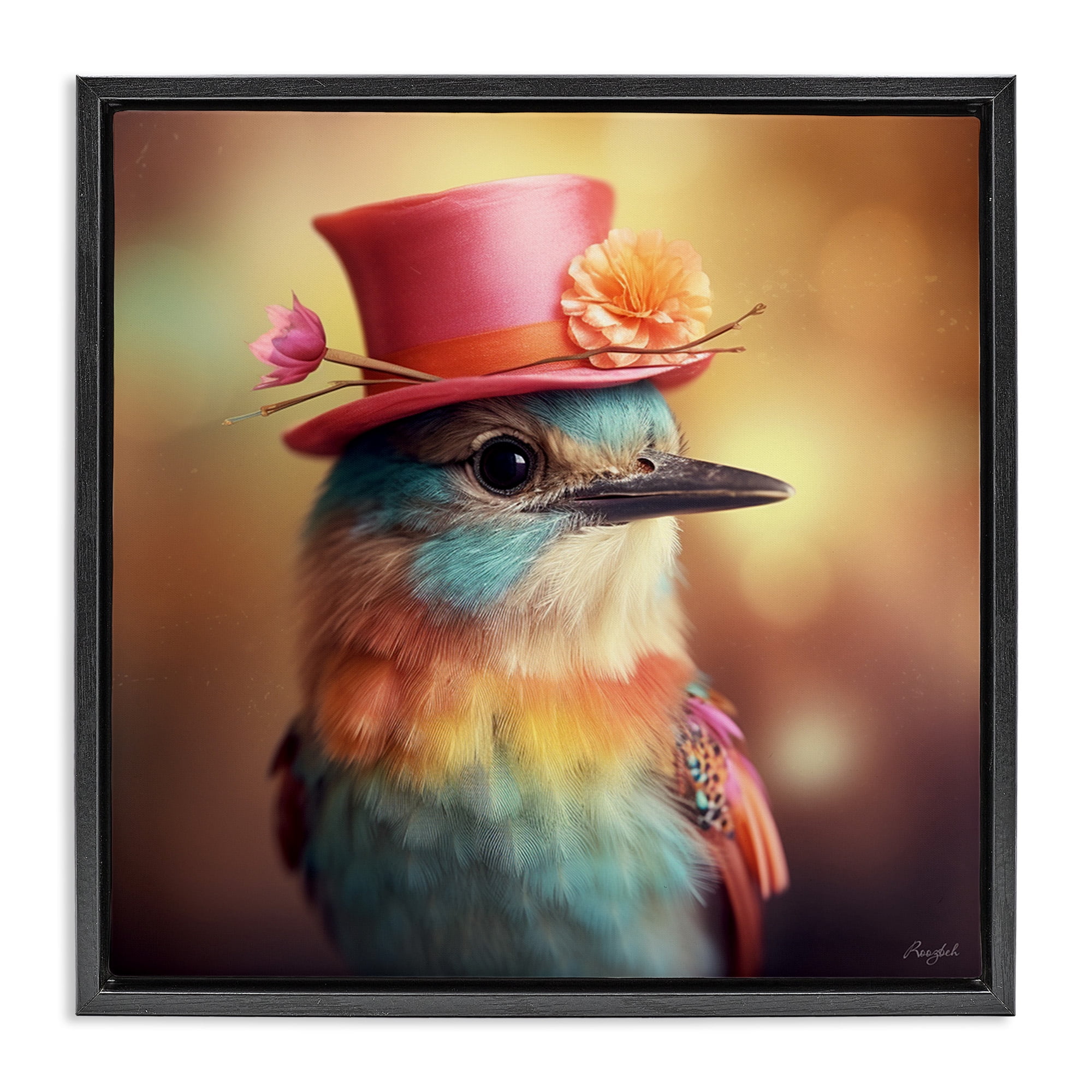Stupell Industries Pastel Bird in Hat Animals & Insects Painting Black Floater Framed Canvas Art Print Wall Art, 18 x 18