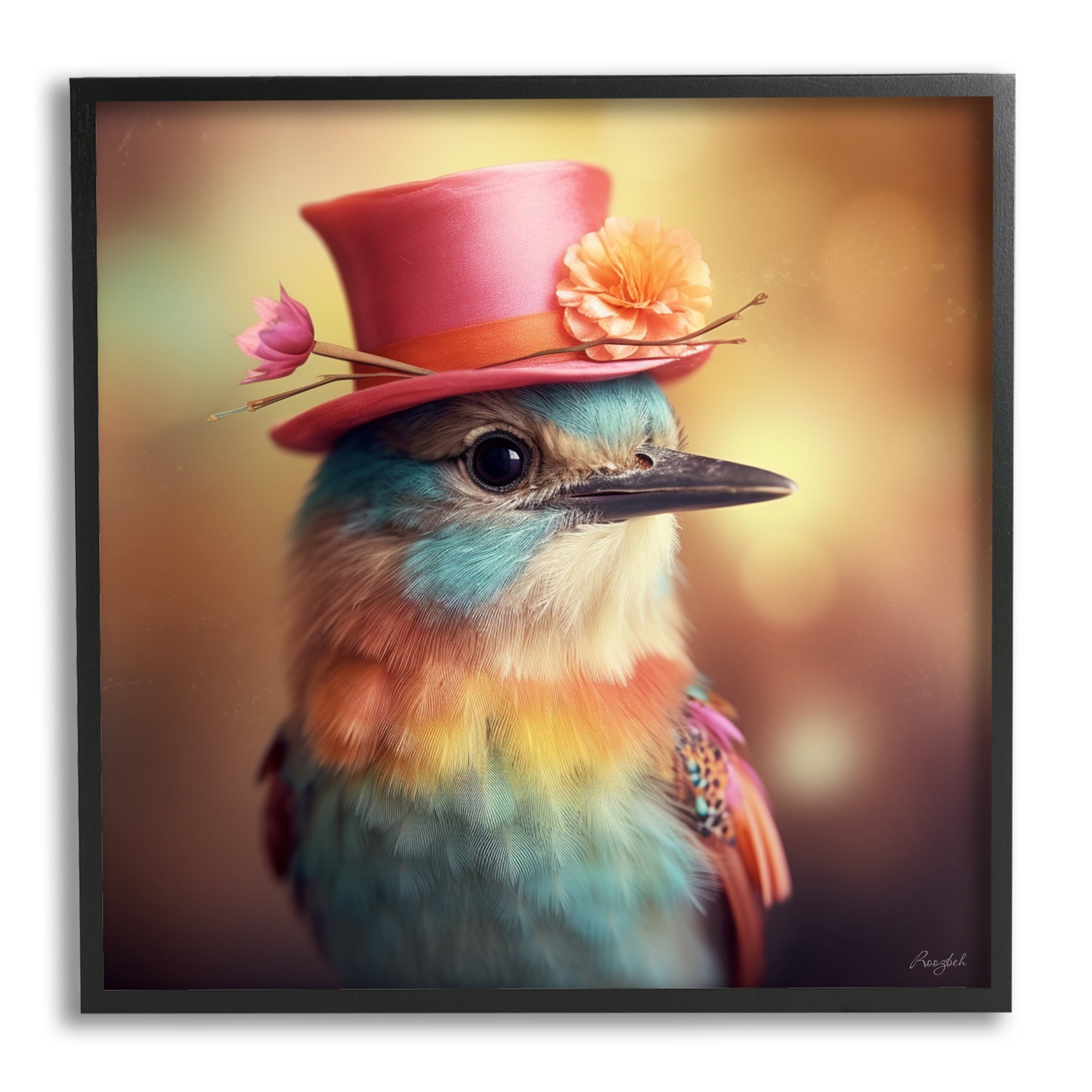 Stupell Industries Pastel Bird in Hat Animals & Insects Painting Black Framed Art Print Wall Art, 17 x 17