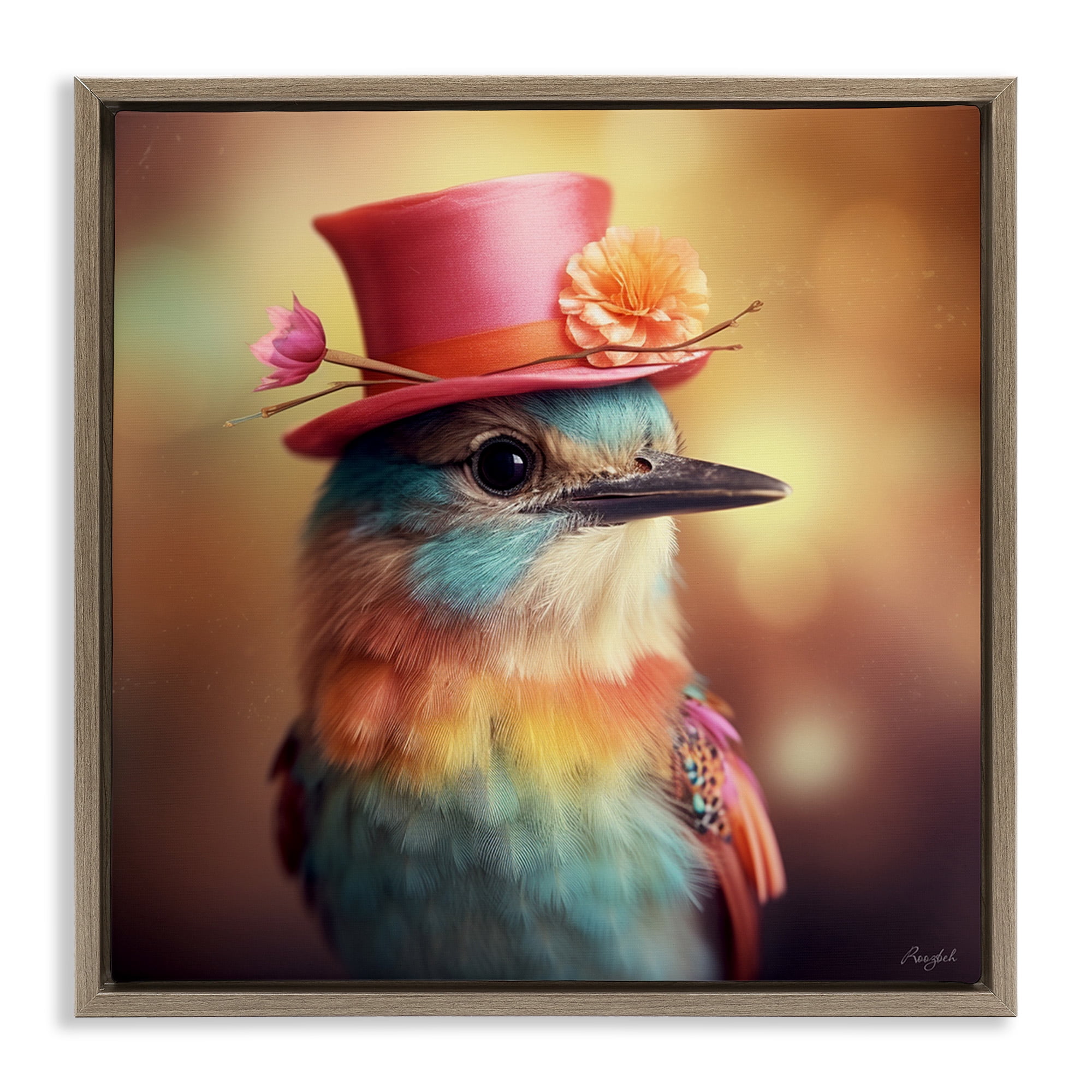 Stupell Industries Pastel Bird in Hat Animals & Insects Painting Brown Floater Framed Canvas Art Print Wall Art, 25 x 25