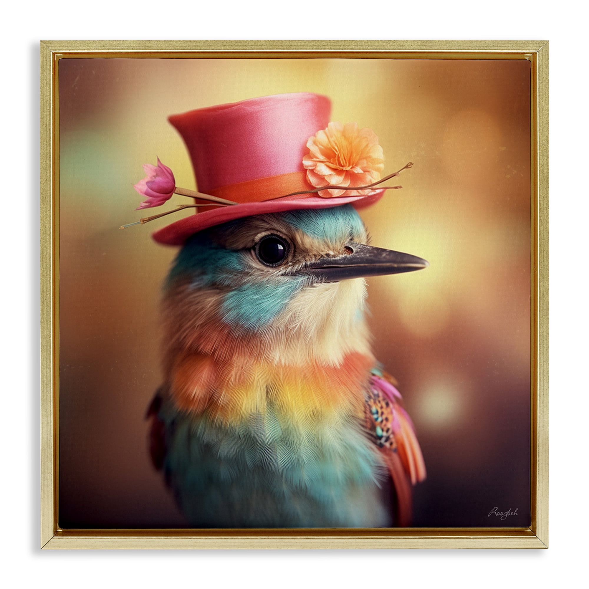 Stupell Industries Pastel Bird in Hat Animals & Insects Painting Gold Floater Framed Canvas Art Print Wall Art, 18 x 18