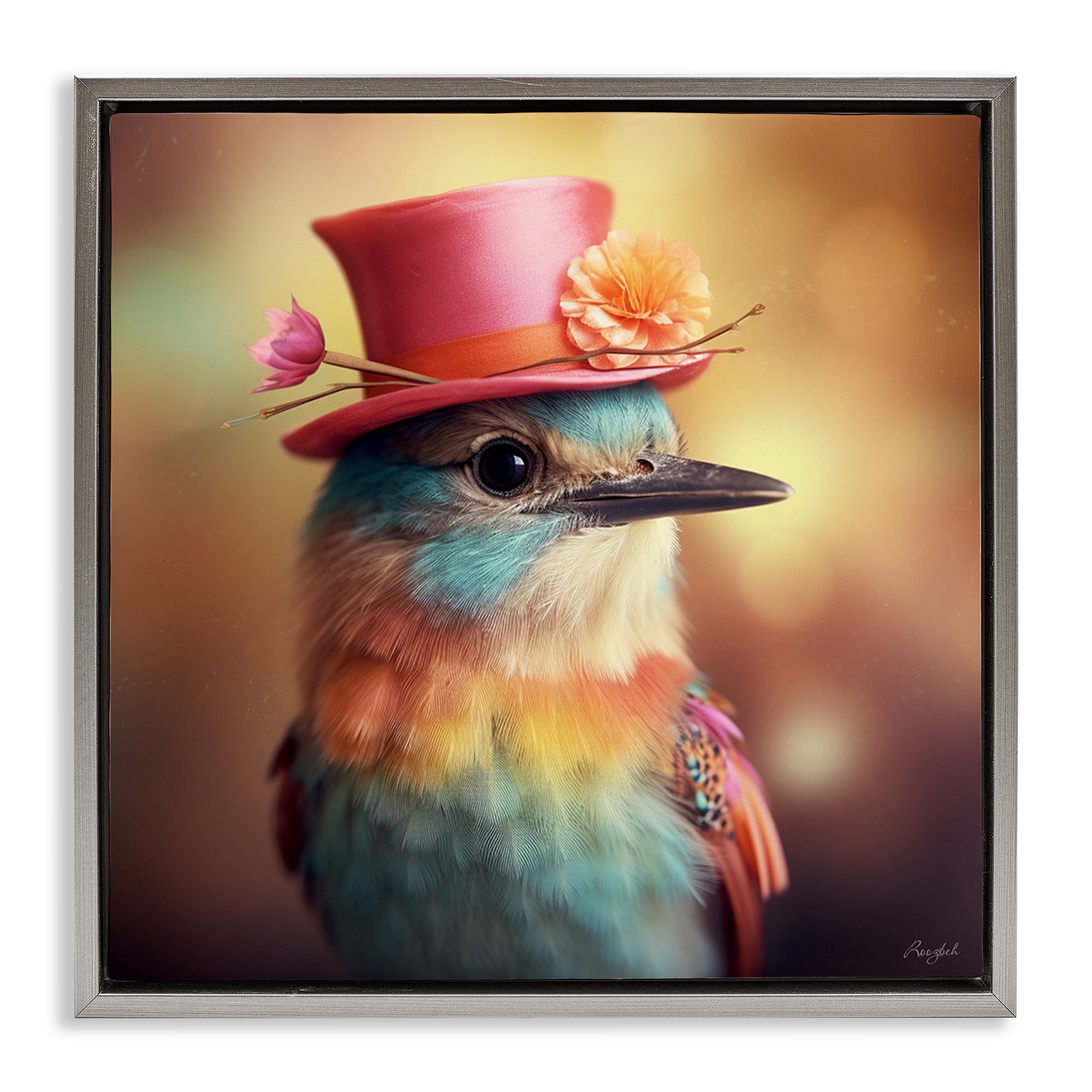 Stupell Industries Pastel Bird in Hat Animals & Insects Painting Gray Floater Framed Canvas Art Print Wall Art, 25 x 25