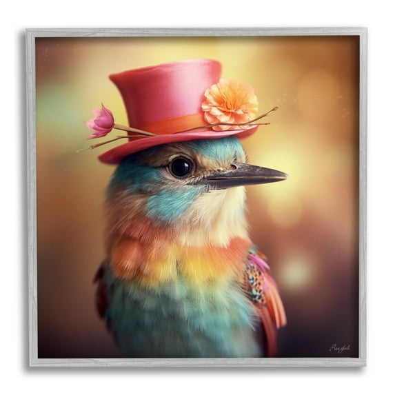Stupell Industries Pastel Bird in Hat Animals & Insects Painting Gray Framed Art Print Wall Art, 17 x 17