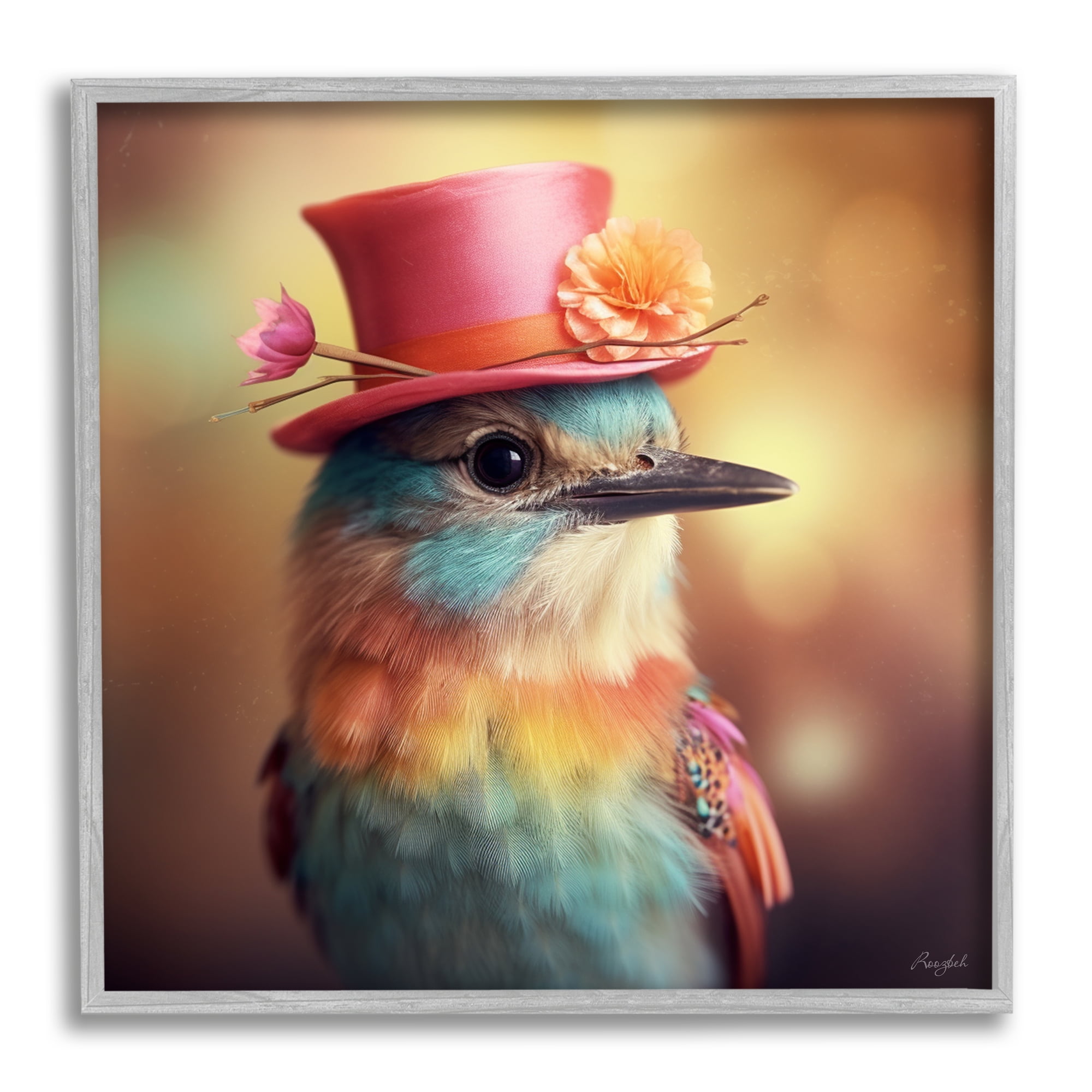 Stupell Industries Pastel Bird in Hat Animals & Insects Painting Gray Framed Art Print Wall Art, 24 x 24