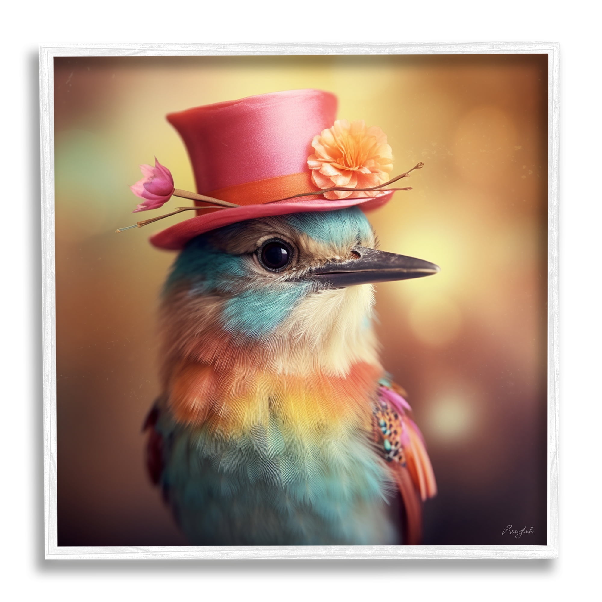 Stupell Industries Pastel Bird in Hat Animals & Insects Painting White Framed Art Print Wall Art, 12 x 12