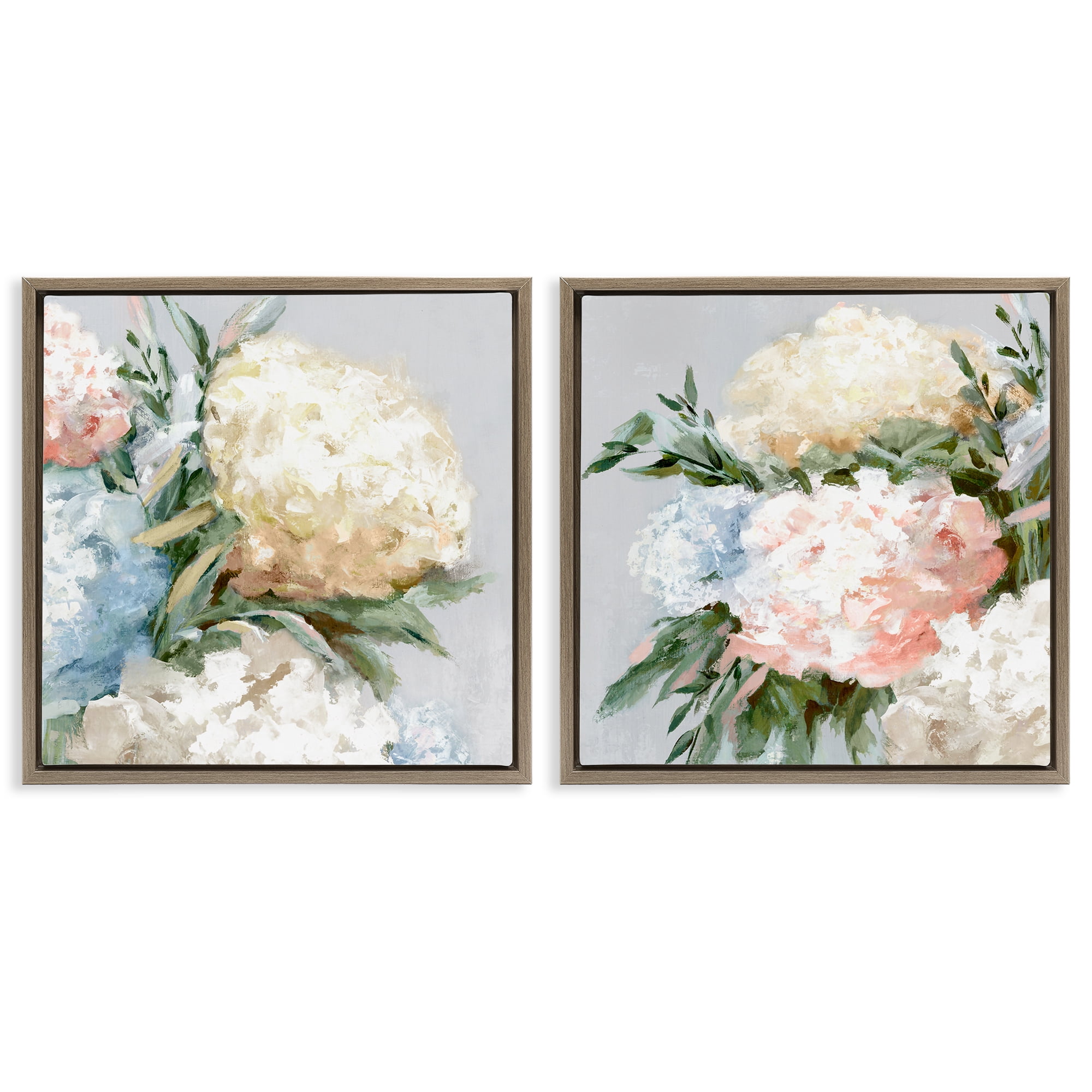 Stupell Industries Pastel Blooming Hydrangeas Plants & Flowers Painting Brown Floater Framed Canvas Art Print Wall Art, 18 x 18, Set of 2