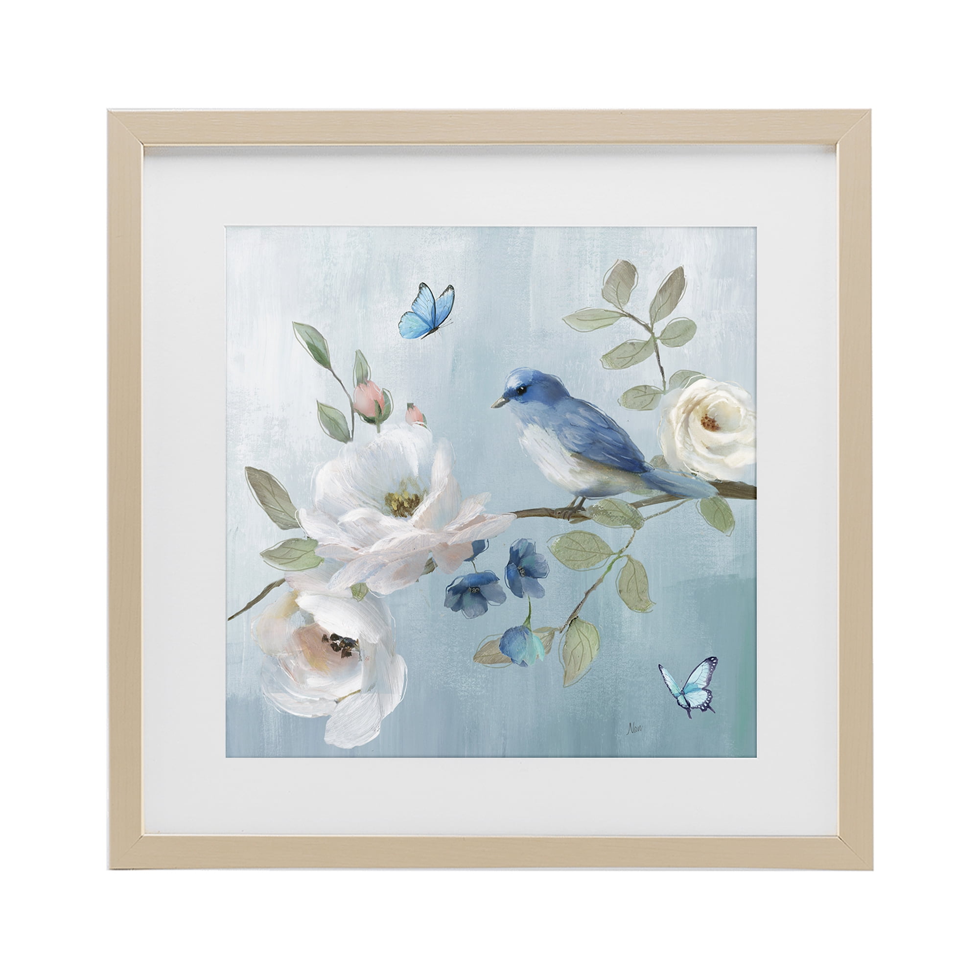Stupell Industries Pastel Blue Bird Blooms Birch Framed Print Under Glass, design by Nan