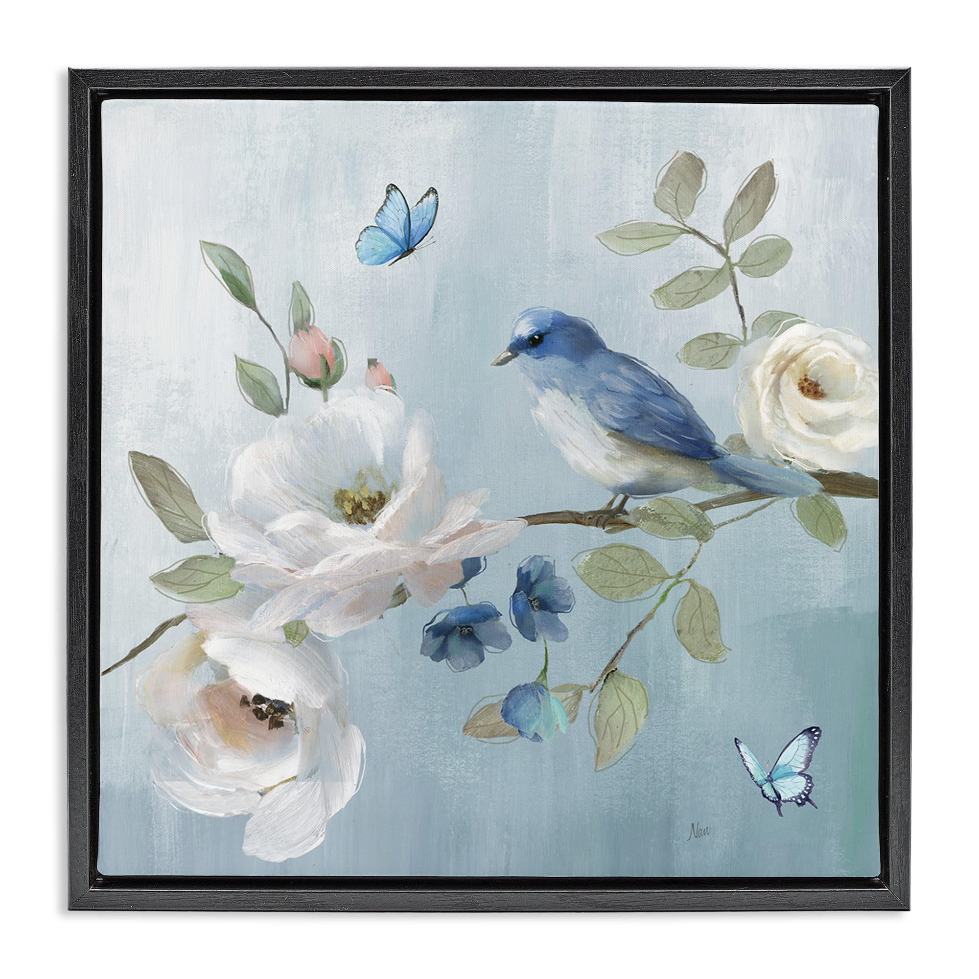 Stupell Industries Pastel Blue Bird Blooms Black Framed Floater Canvas Wall Art, design by Nan