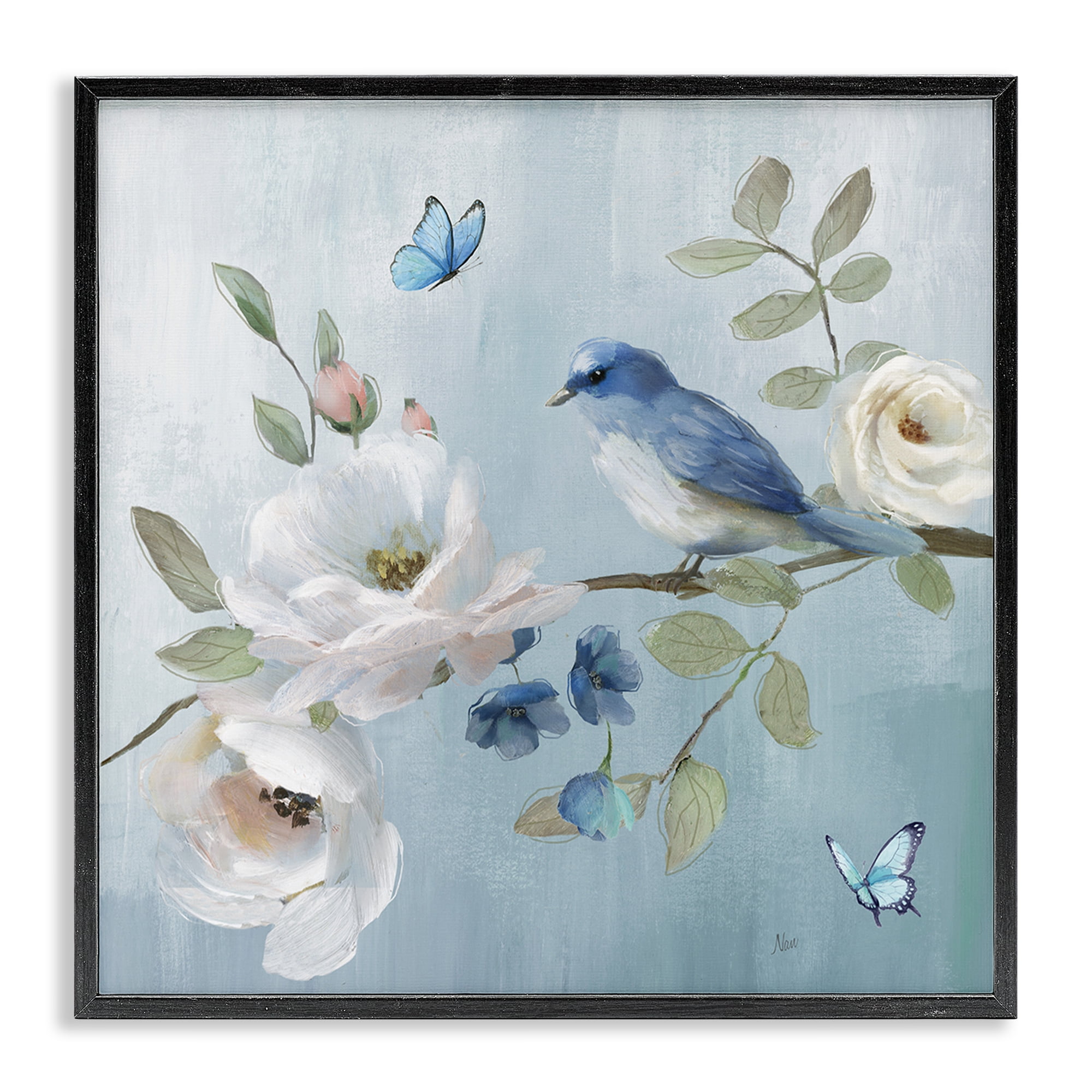 Stupell Industries Pastel Blue Bird Blooms Black Framed Giclee Art, design by Nan