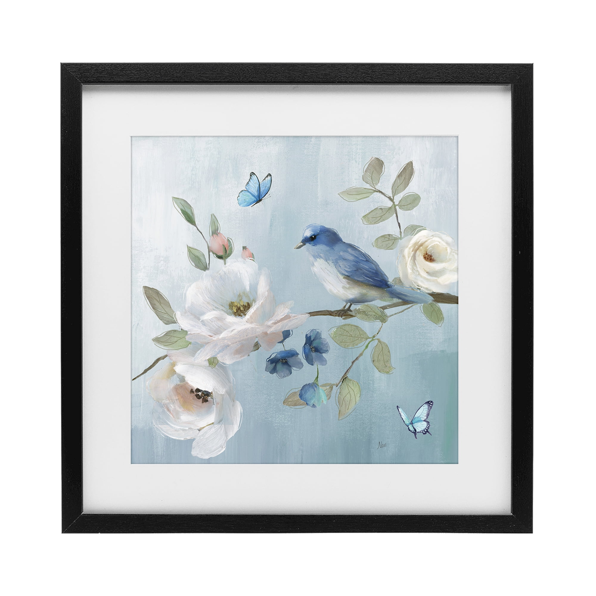 Stupell Industries Pastel Blue Bird Blooms Black Framed Print Under Glass, design by Nan