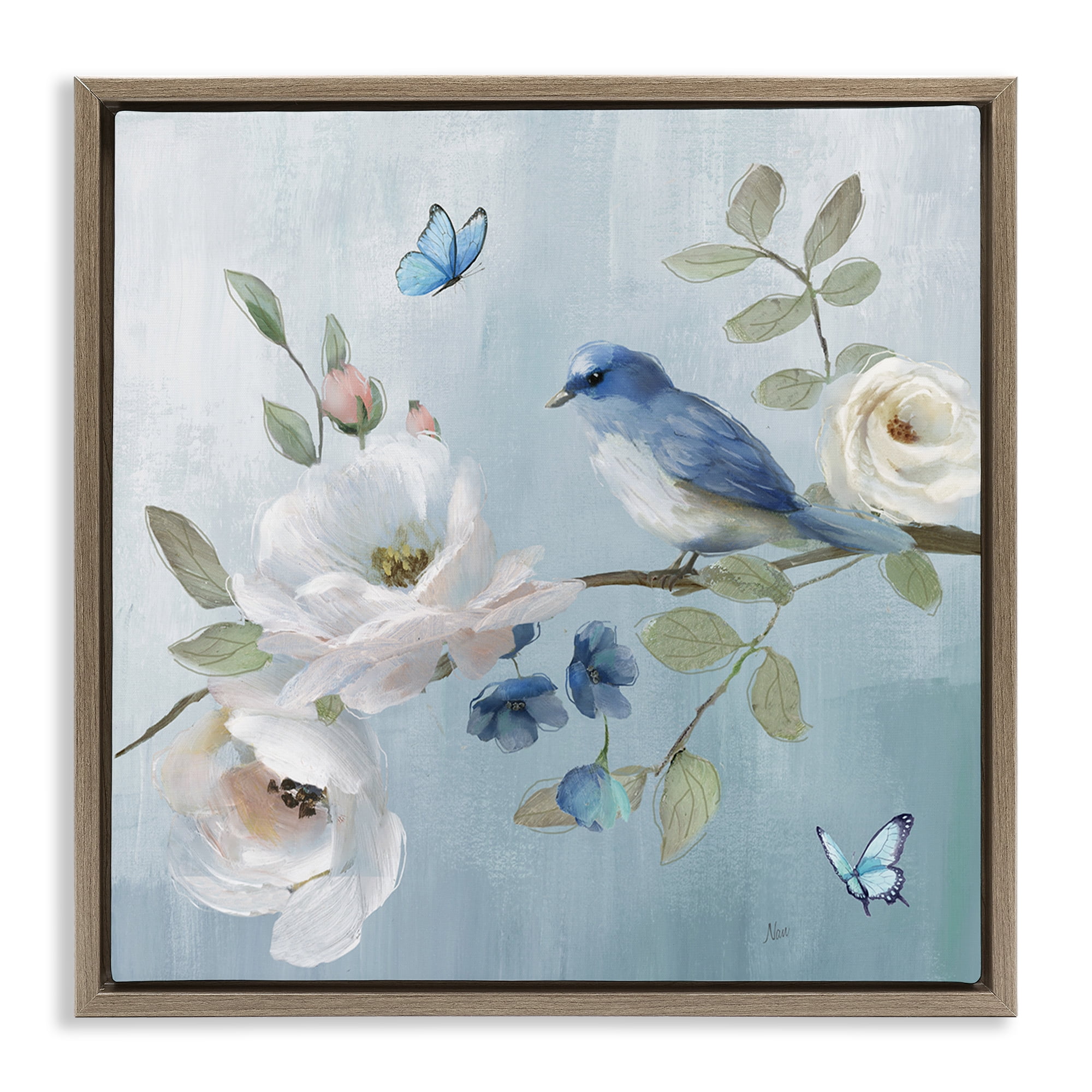 Stupell Industries Pastel Blue Bird Blooms Brown Framed Floater Canvas Wall Art, design by Nan