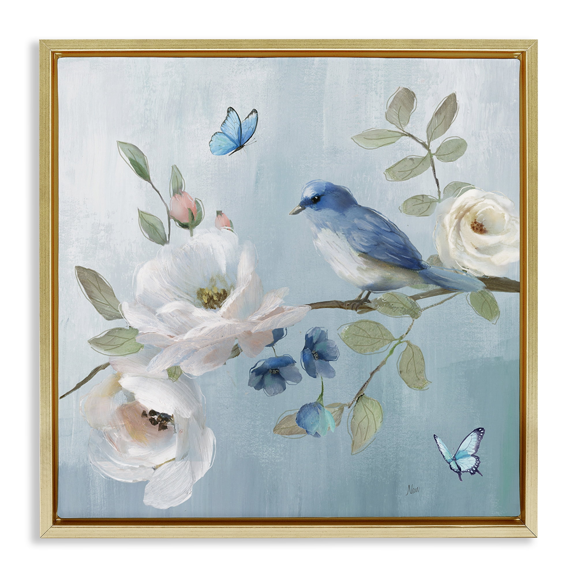 Stupell Industries Pastel Blue Bird Blooms Gold Framed Floater Canvas Wall Art, design by Nan