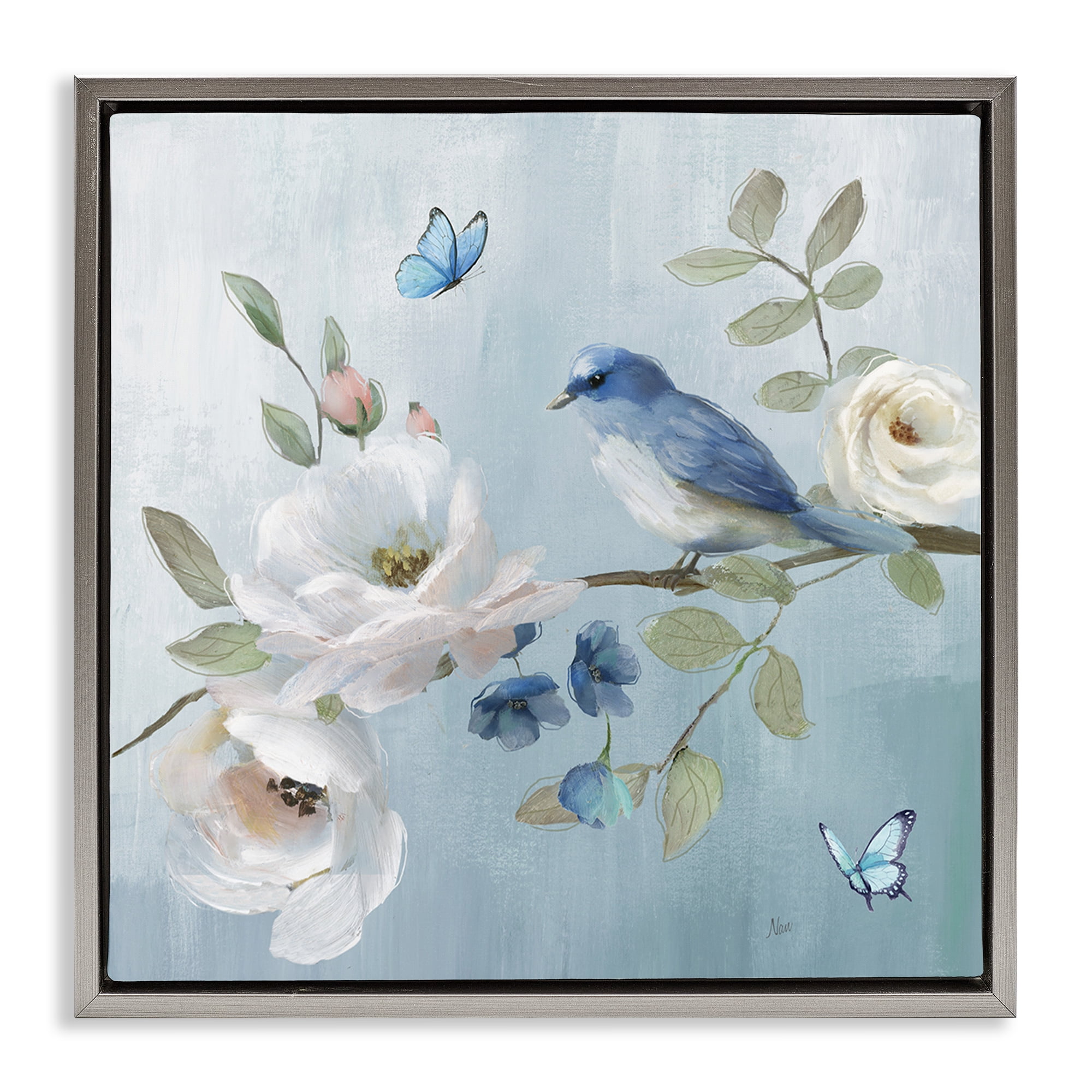 Stupell Industries Pastel Blue Bird Blooms Gray Framed Floater Canvas Wall Art, design by Nan