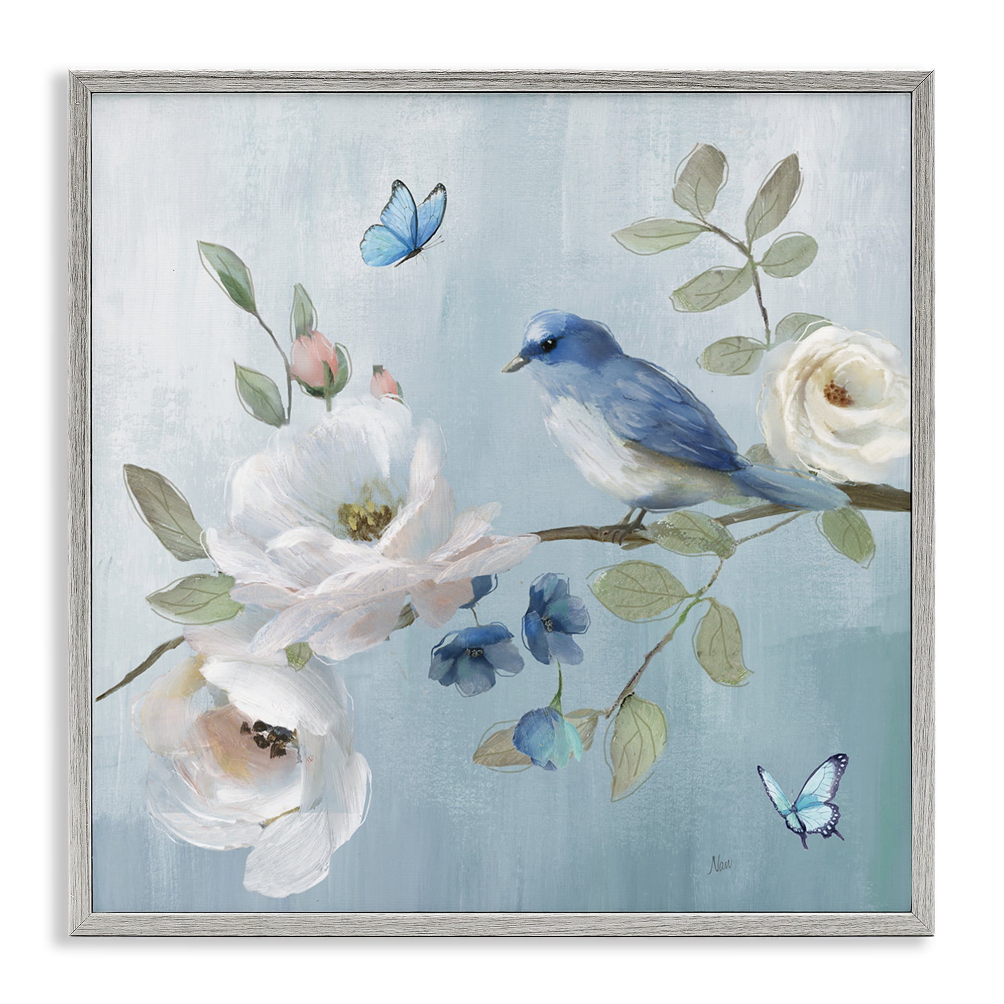 Stupell Industries Pastel Blue Bird Blooms Gray Framed Giclee Art, design by Nan