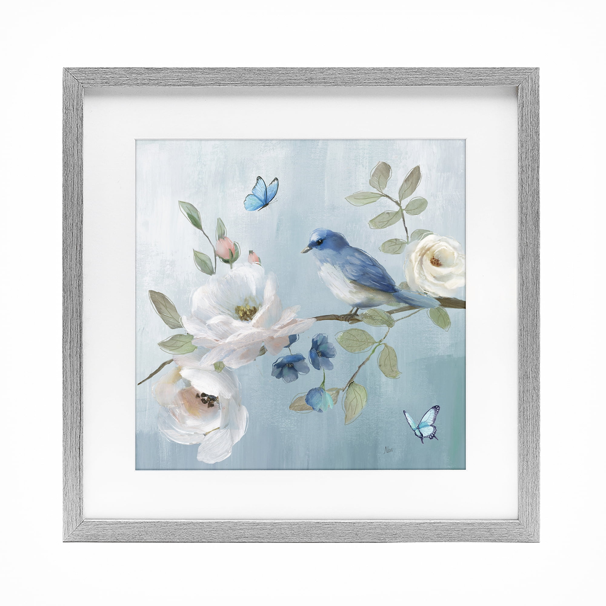 Stupell Industries Pastel Blue Bird Blooms Gray Framed Print Under Glass, design by Nan