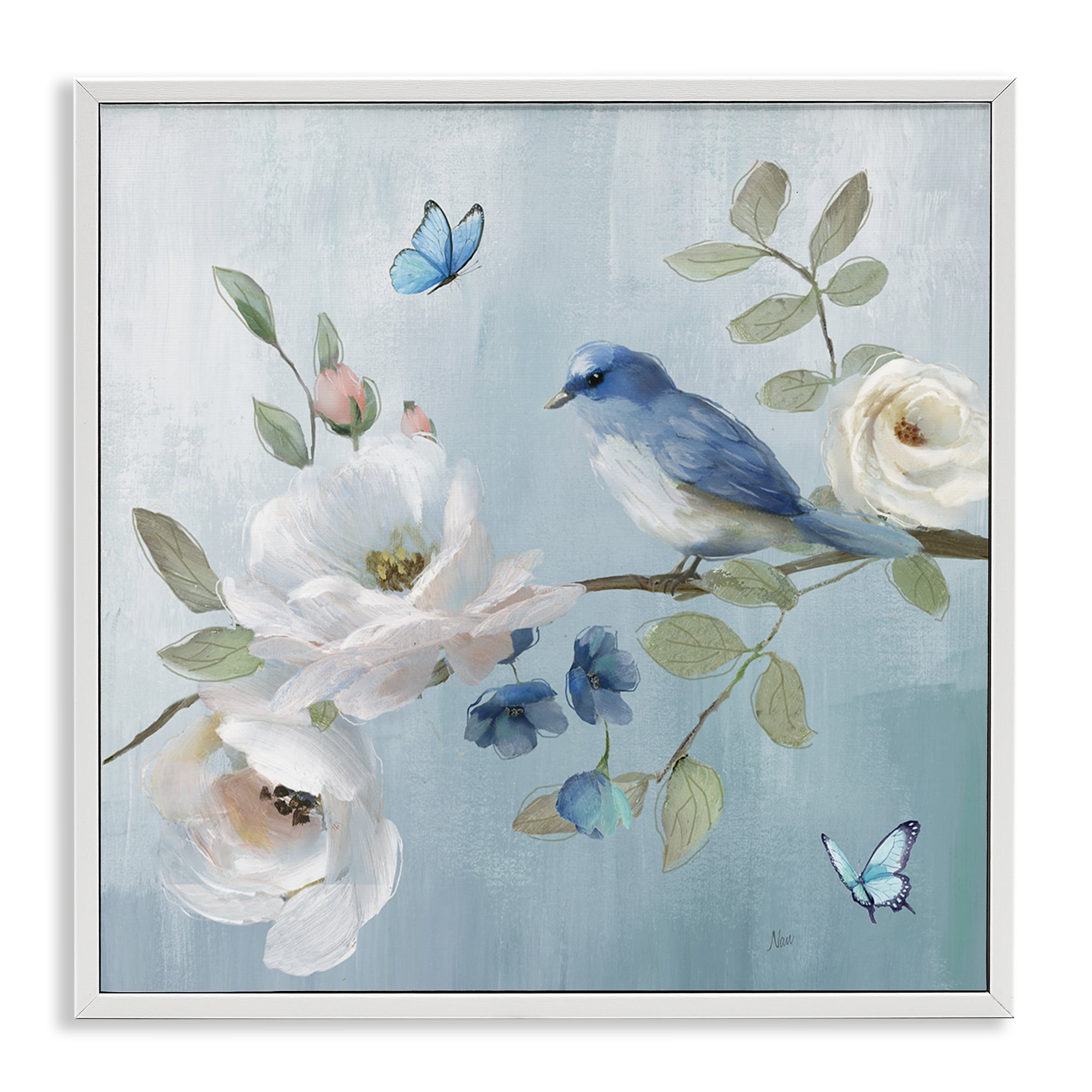 Stupell Industries Pastel Blue Bird Blooms White Framed Giclee Art, design by Nan