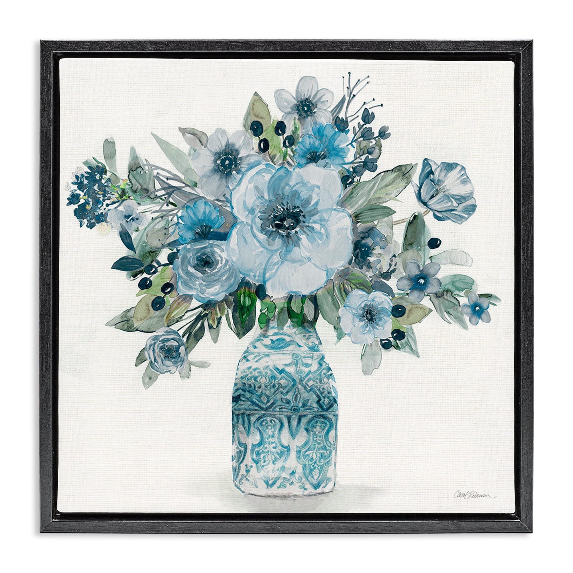 Stupell Industries Pastel Blue Botanical Bouquet Black Framed Floater Canvas Wall Art, design by Carol Robinson
