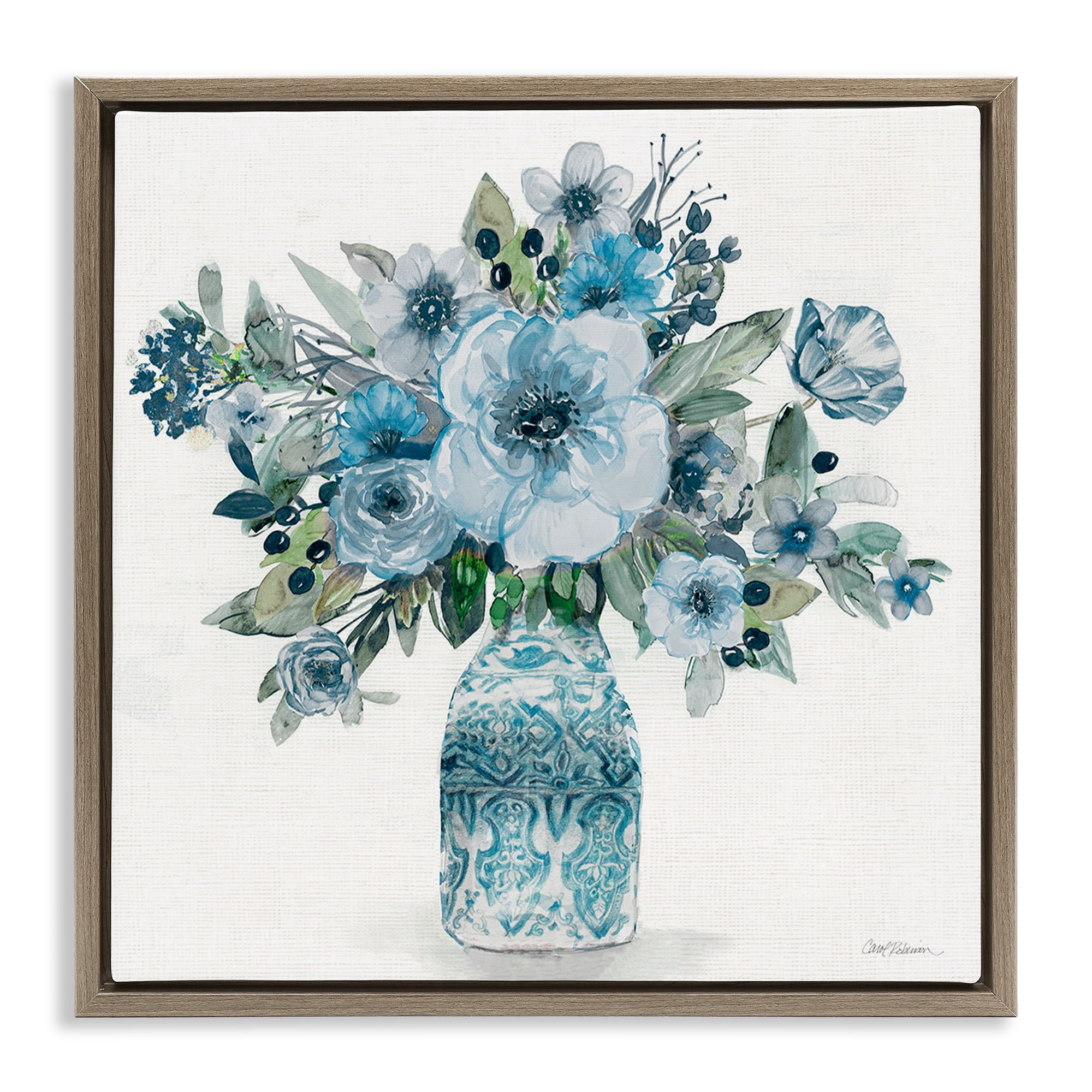 Stupell Industries Pastel Blue Botanical Bouquet Brown Framed Floater Canvas Wall Art, design by Carol Robinson