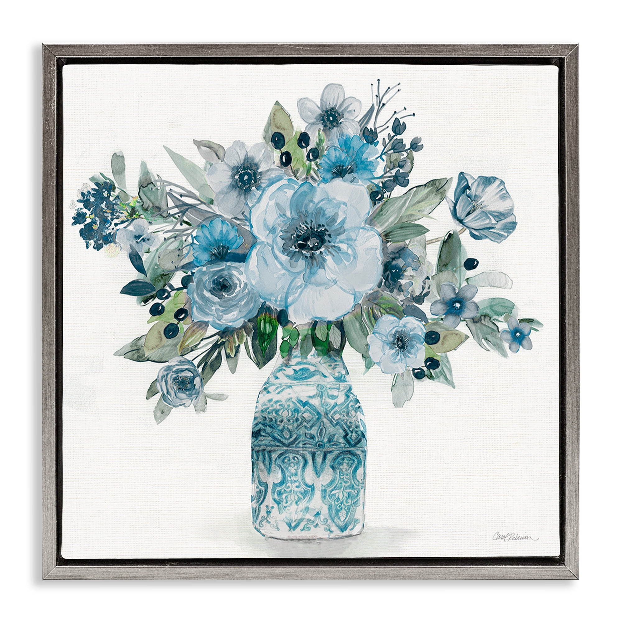 Stupell Industries Pastel Blue Botanical Bouquet Gray Framed Floater Canvas Wall Art, design by Carol Robinson