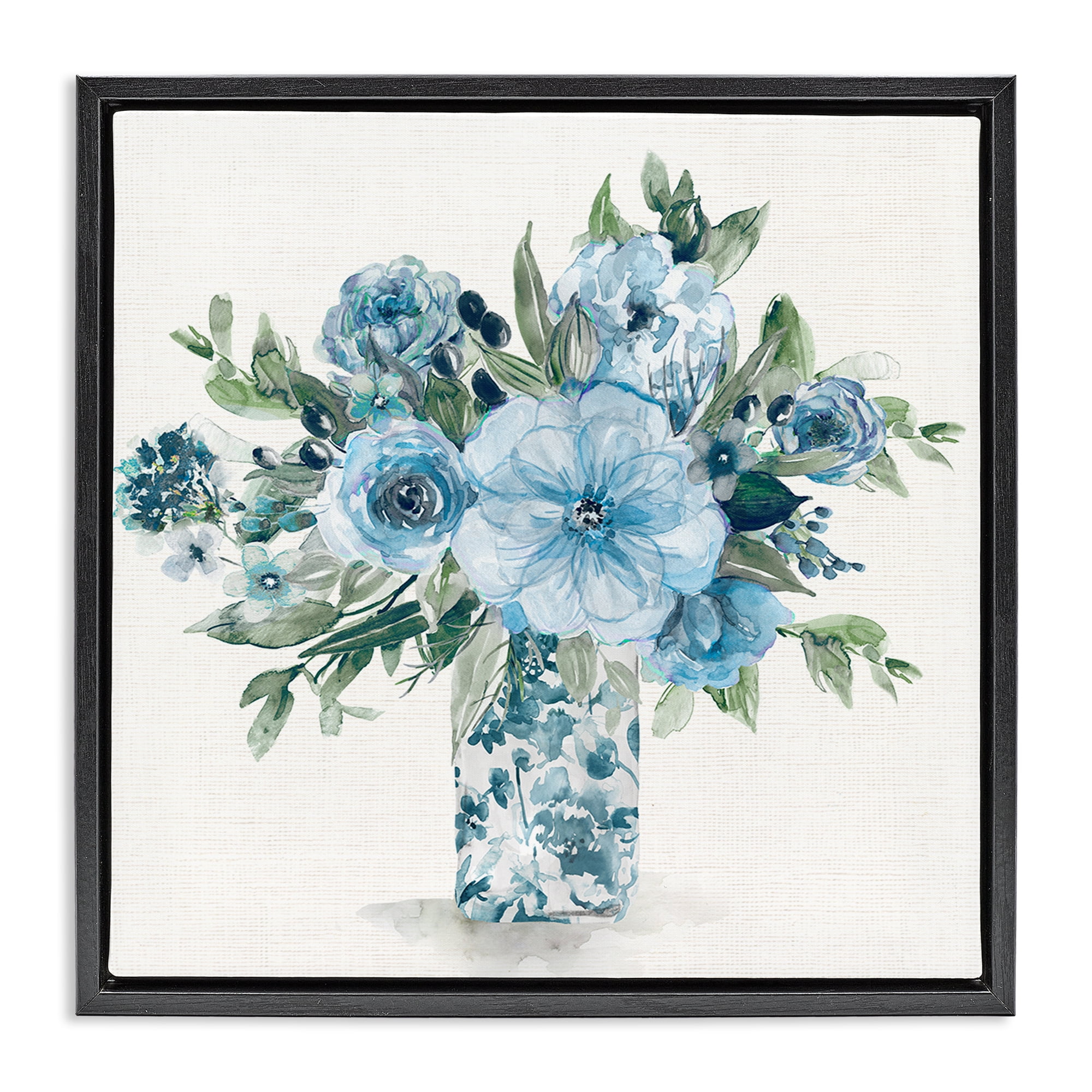 Stupell Industries Pastel Blue Bouquet Foliage Black Framed Floater Canvas Wall Art, design by Carol Robinson
