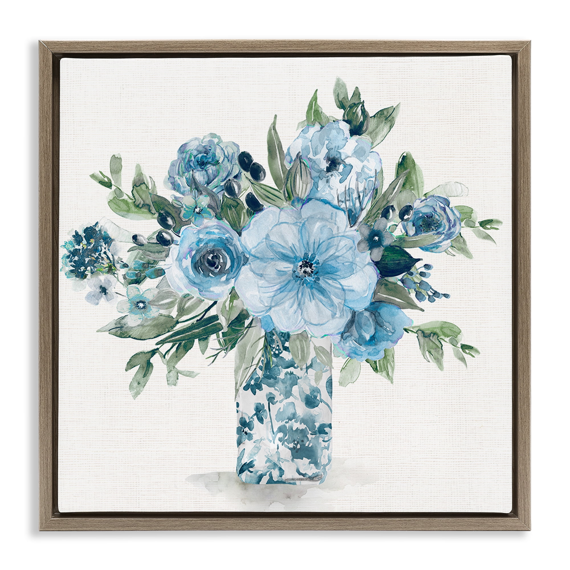Stupell Industries Pastel Blue Bouquet Foliage Brown Framed Floater Canvas Wall Art, design by Carol Robinson