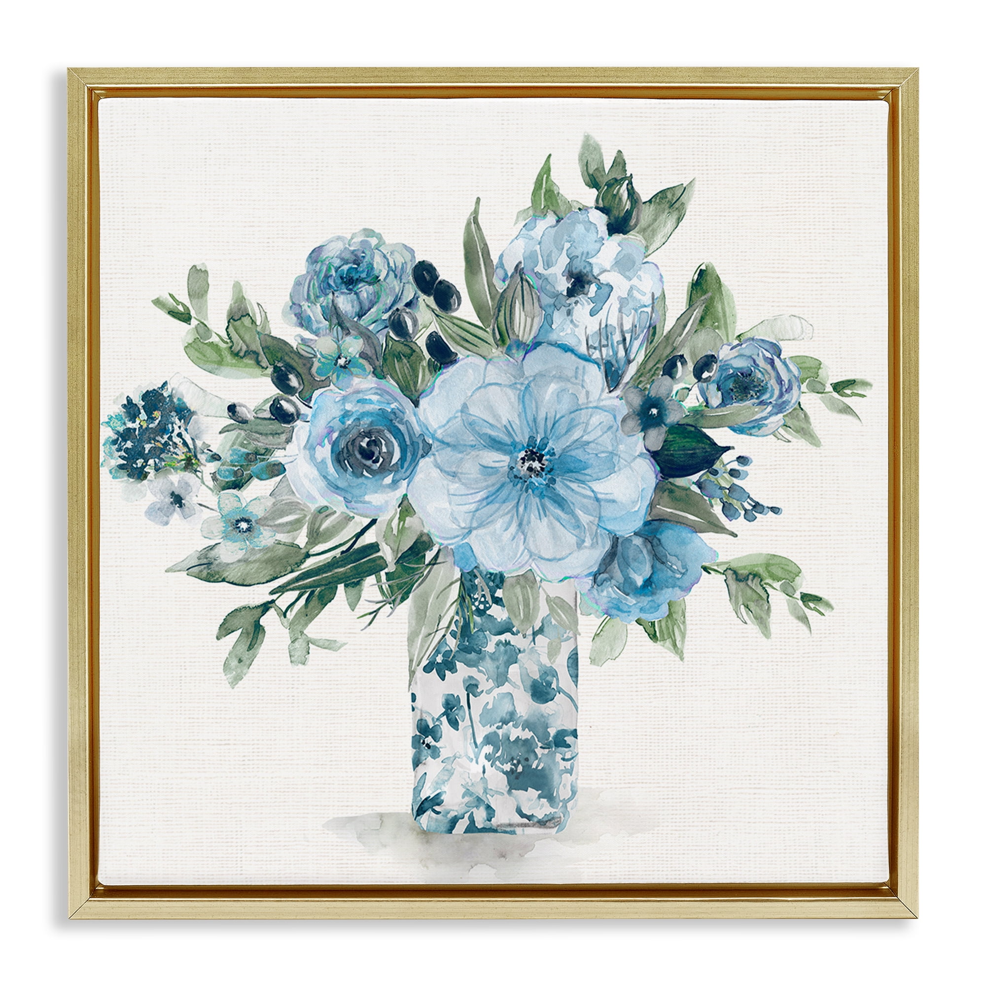 Stupell Industries Pastel Blue Bouquet Foliage Gold Framed Floater Canvas Wall Art, design by Carol Robinson