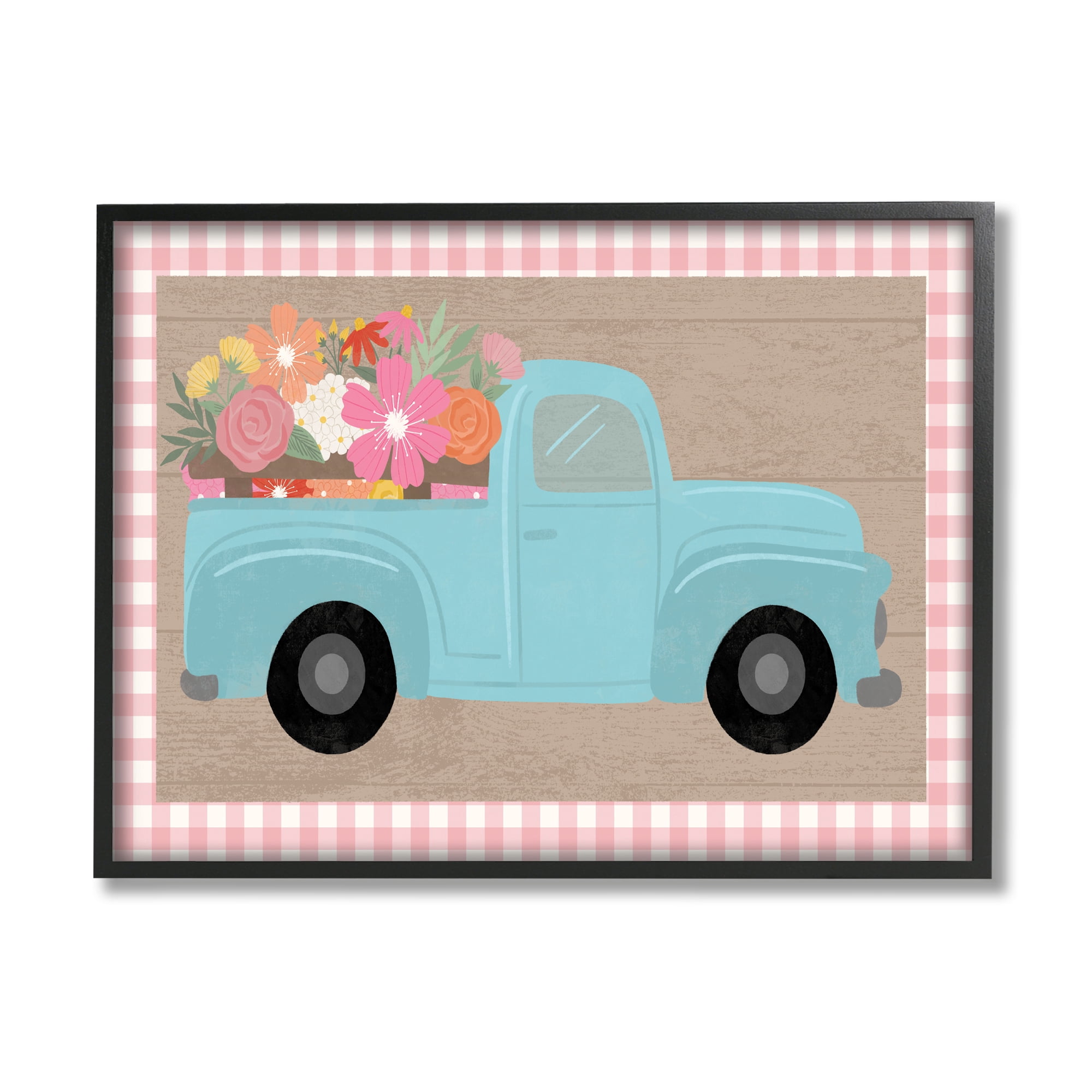 Stupell Industries Pastel Blue Farm Truck Spring Florals Pink Plaid Country Painting Black Framed Art Print Wall Art, 11 x 14, Design by Taylor Shannon Designs