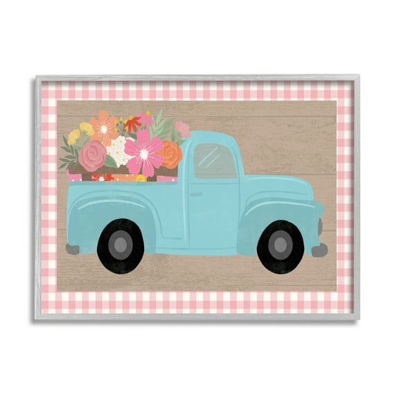Stupell Industries Pastel Blue Farm Truck Spring Florals Pink Plaid Country Painting Gray Framed Art Print Wall Art, 16 x 20, Design by Taylor Shannon Designs