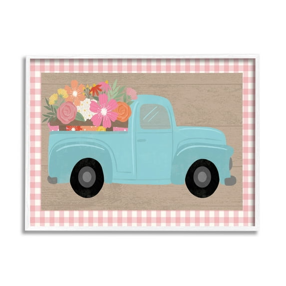 Stupell Industries Pastel Blue Farm Truck Spring Florals Pink Plaid Country Painting White Framed Art Print Wall Art, 11 x 14, Design by Taylor Shannon Designs