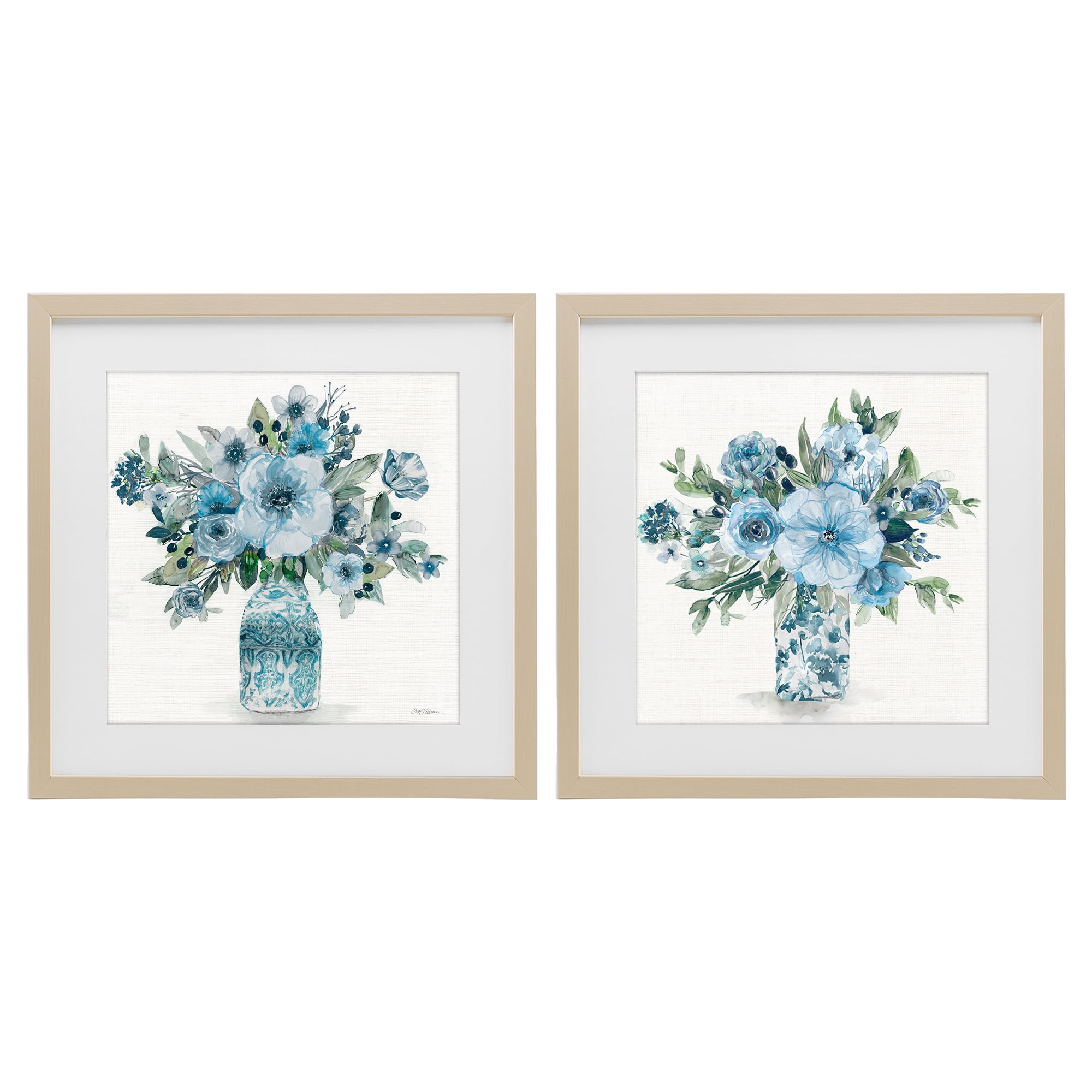 Stupell Industries Pastel Blue Floral Vase Arrangements 2 Piece Birch Framed Print Under Glass Set, design by Carol Robinson