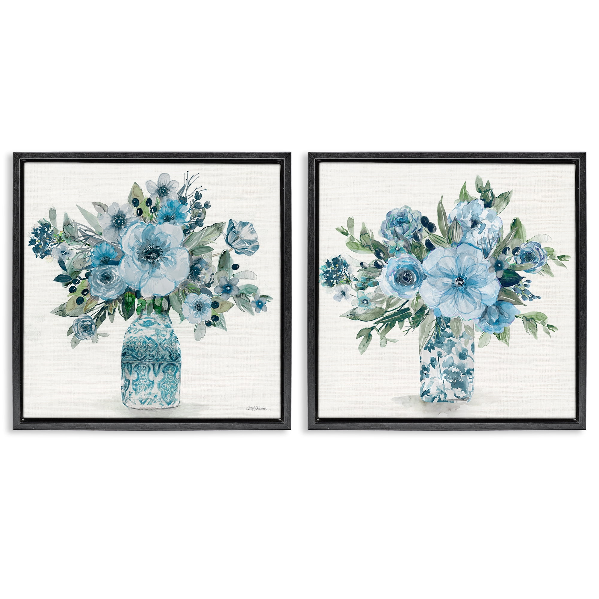 Stupell Industries Pastel Blue Floral Vase Arrangements 2 Piece Black Framed Floater Canvas Set, design by Carol Robinson