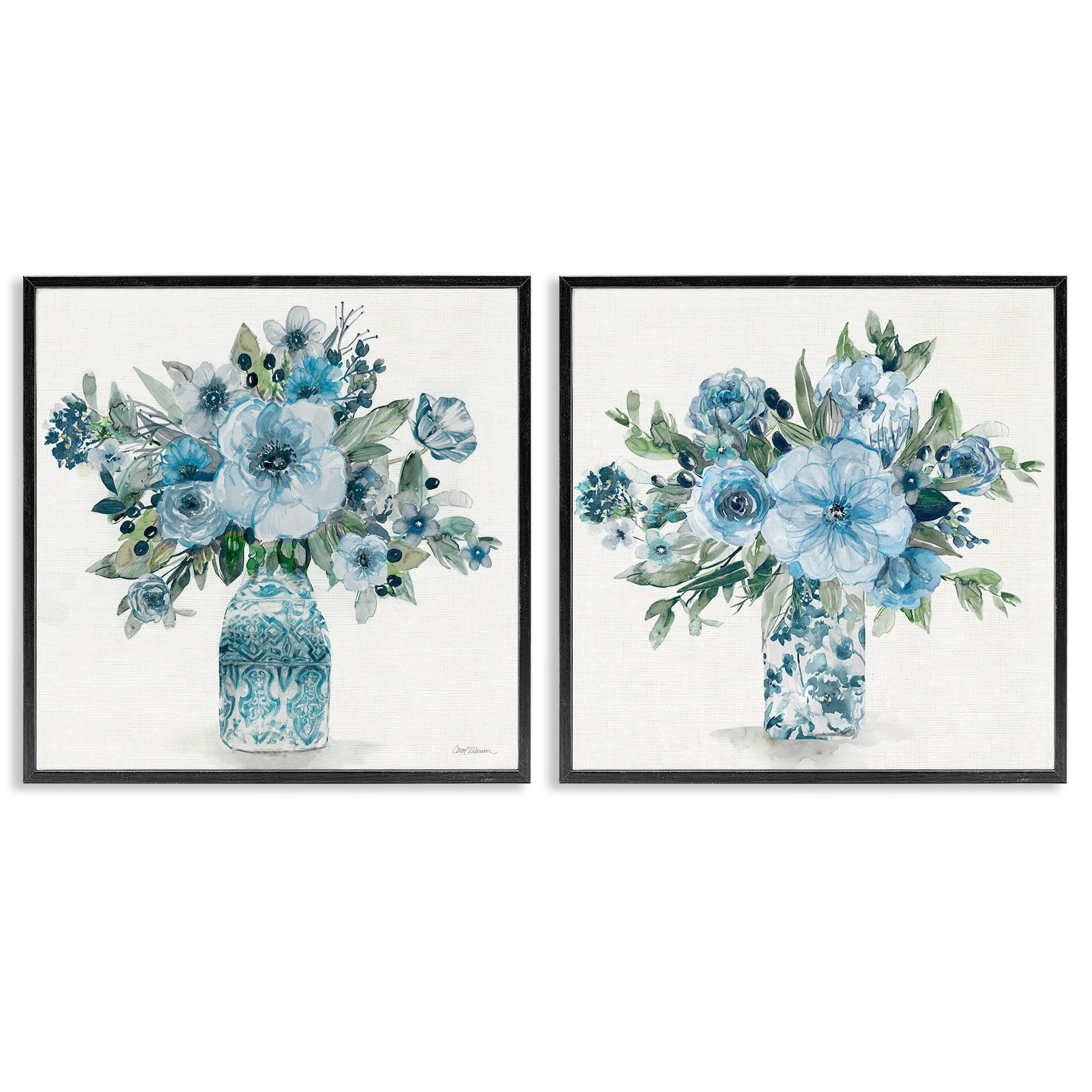 Stupell Industries Pastel Blue Floral Vase Arrangements 2 Piece Black Framed Giclee Art Set, design by Carol Robinson