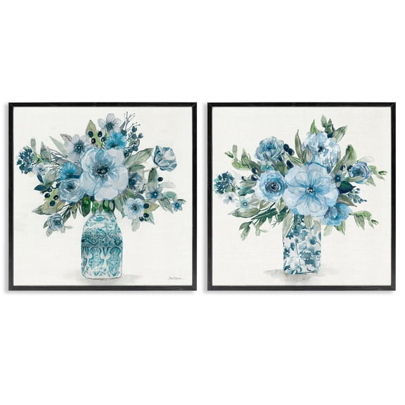 Stupell Industries Pastel Blue Floral Vase Arrangements 2 Piece Black Framed Giclee Art Set, design by Carol Robinson